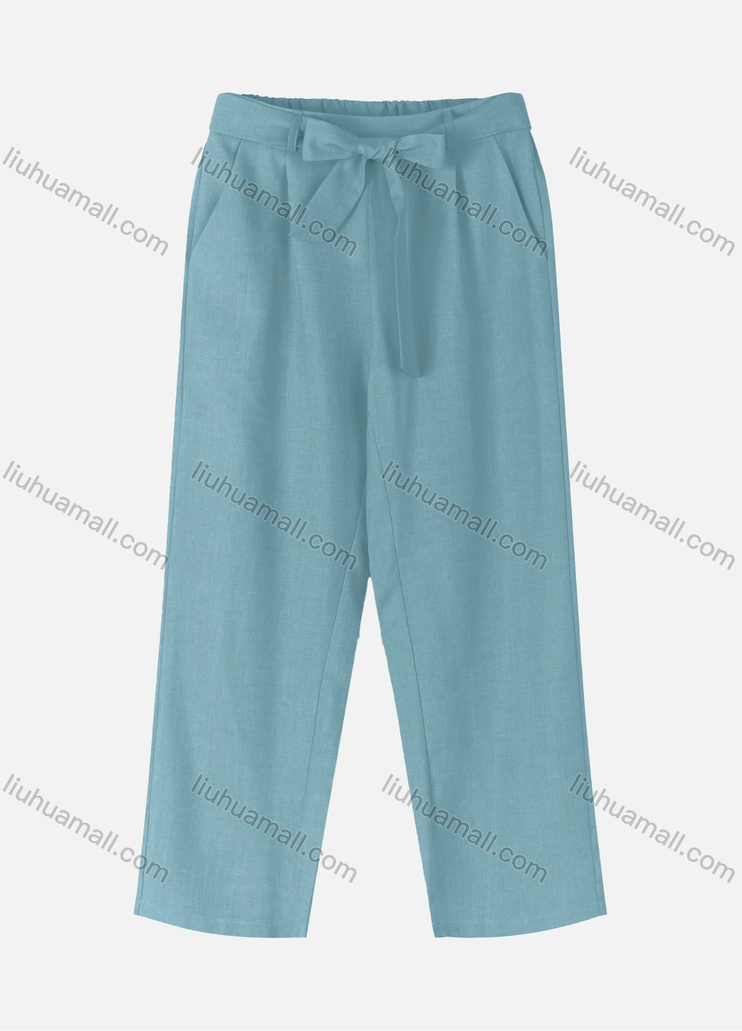 Wholesale Women's Casual Loose Soild Color Straight Leg Pants With Tie Belt 3717# - Liuhuamall