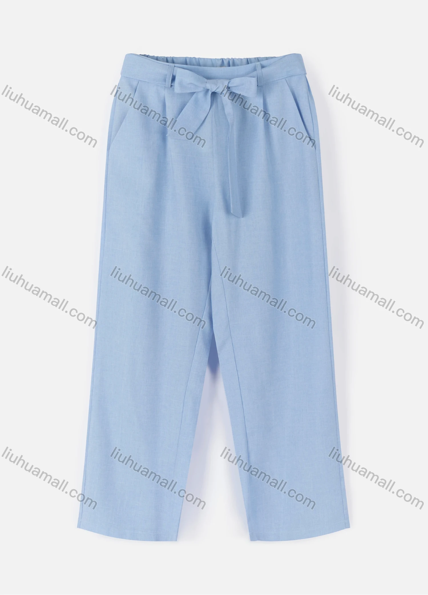 Wholesale Women's Casual Loose Soild Color Straight Leg Pants With Tie Belt 3717# - Liuhuamall