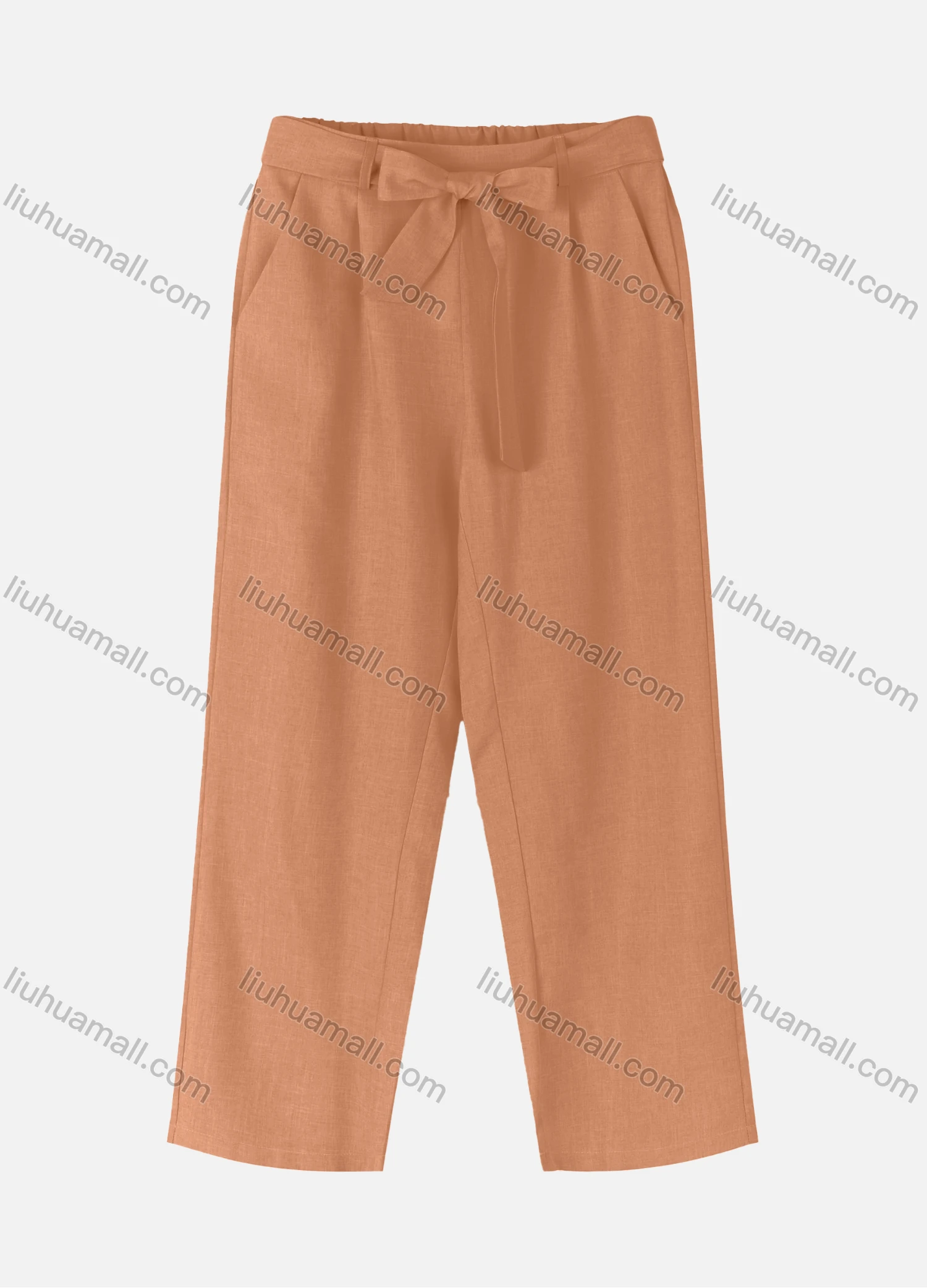 Wholesale Women's Casual Loose Soild Color Straight Leg Pants With Tie Belt 3717# - Liuhuamall