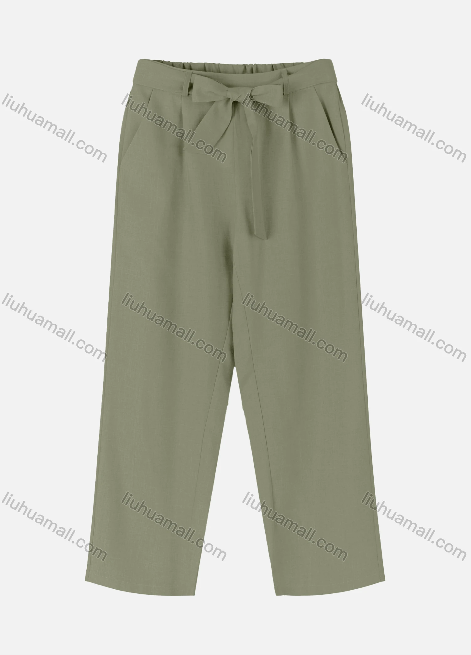 Wholesale Women's Casual Loose Soild Color Straight Leg Pants With Tie Belt 3717# - Liuhuamall
