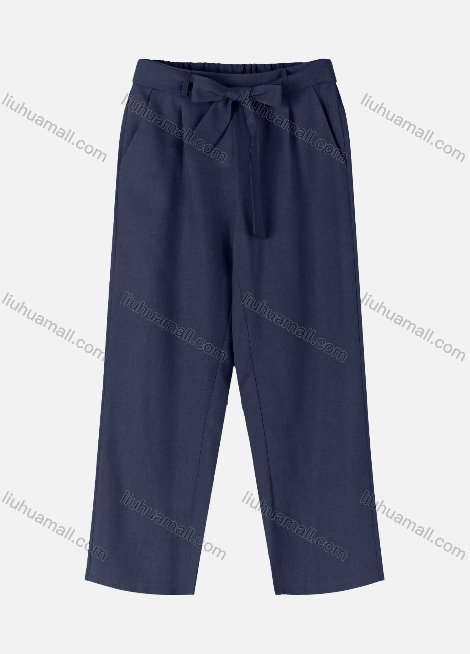 Wholesale Women's Casual Loose Soild Color Straight Leg Pants With Tie Belt 3717# - Liuhuamall