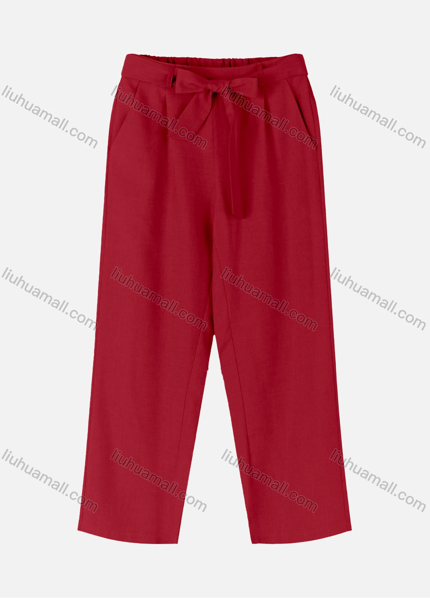 Wholesale Women's Casual Loose Soild Color Straight Leg Pants With Tie Belt 3717# - Liuhuamall