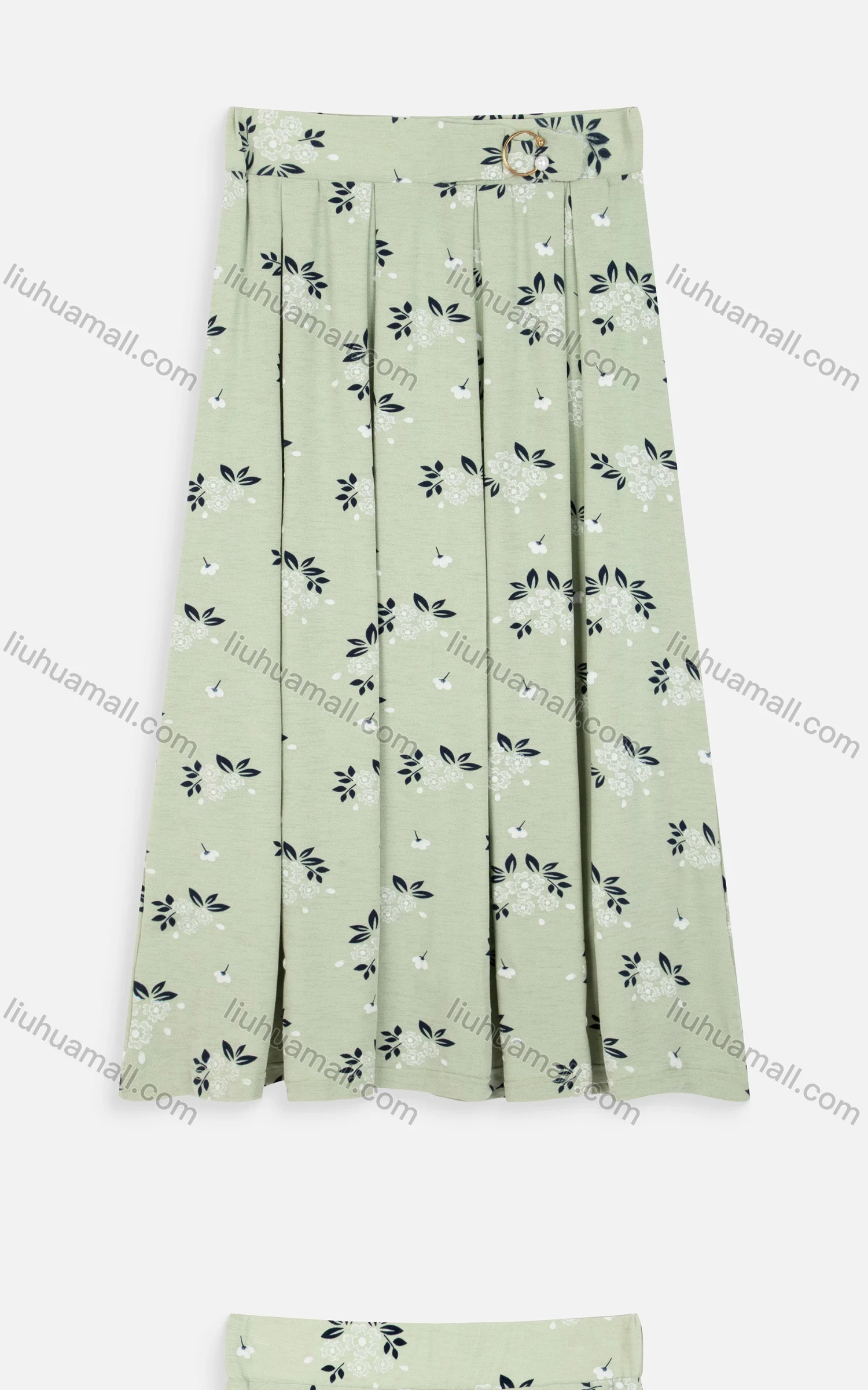 Wholesale Women's Elegant Metal Pearl Buckle Decor Floral Print Pleated Midi Knit Skirts - Liuhuamall
