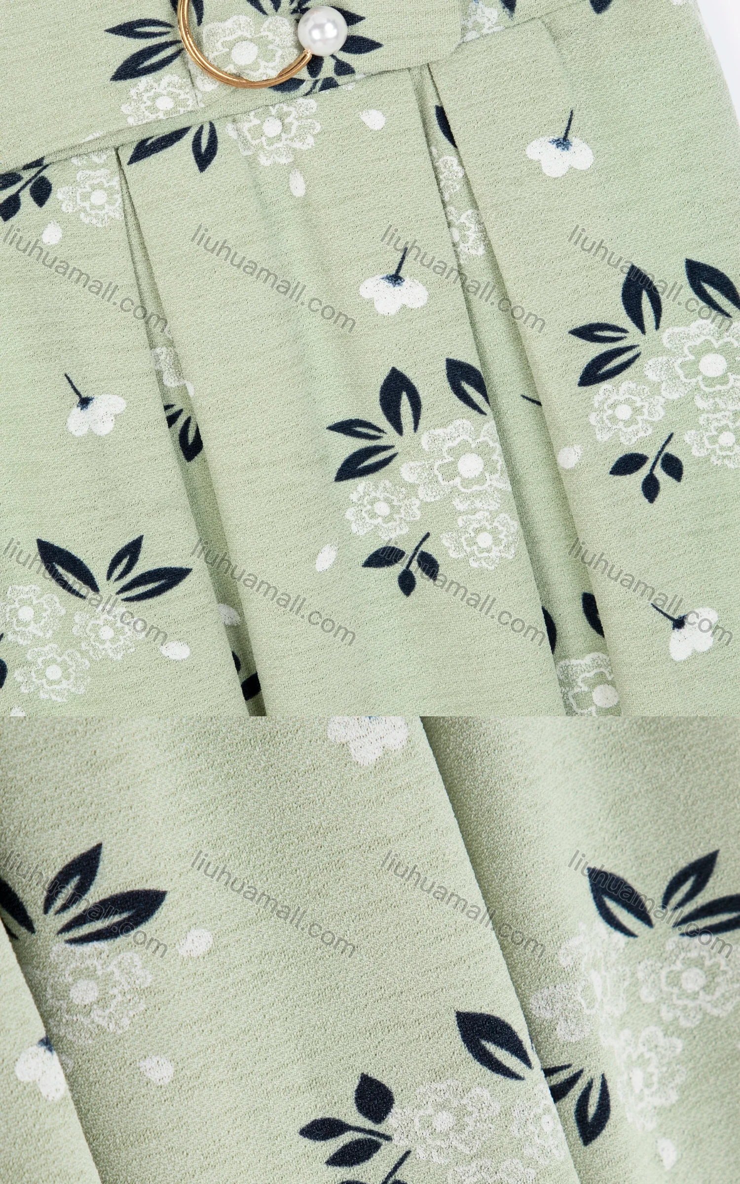 Wholesale Women's Elegant Metal Pearl Buckle Decor Floral Print Pleated Midi Knit Skirts - Liuhuamall