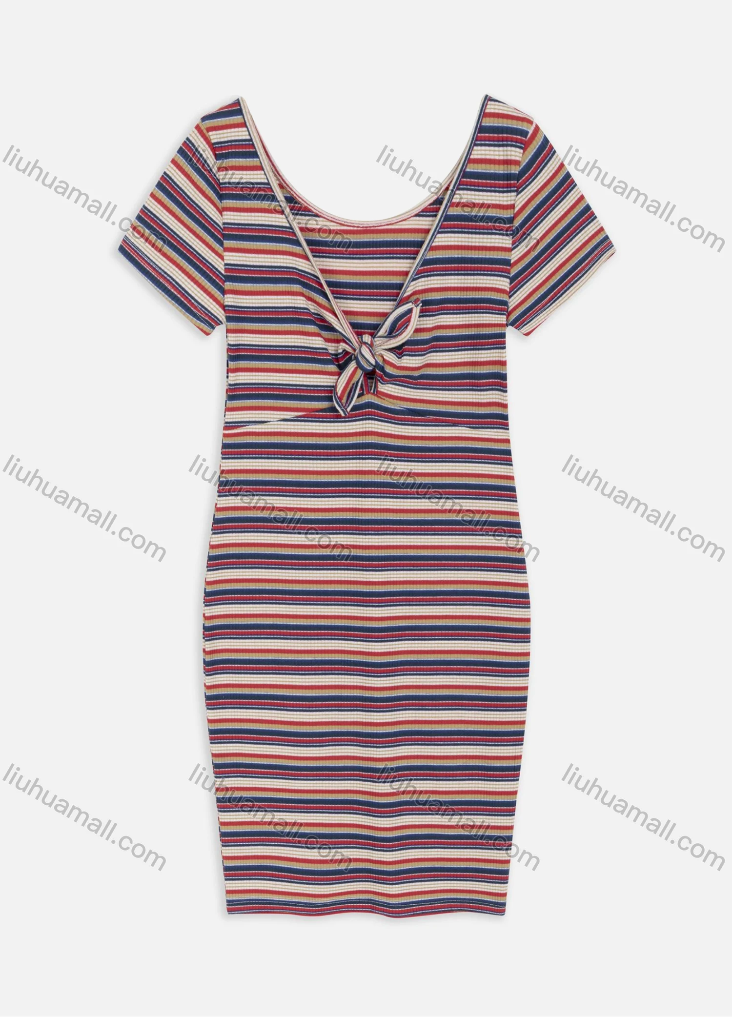 Wholesale Women's Casual Plunging Neck Short Sleeve Knot Front Colorful Striped Bodycon Tee Dress 2212# - Liuhuamall