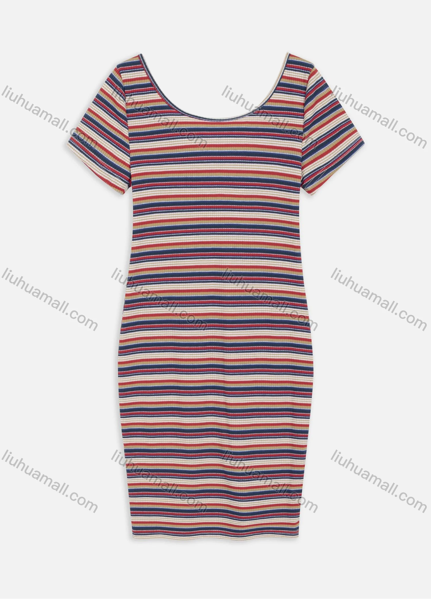 Wholesale Women's Casual Plunging Neck Short Sleeve Knot Front Colorful Striped Bodycon Tee Dress 2212# - Liuhuamall