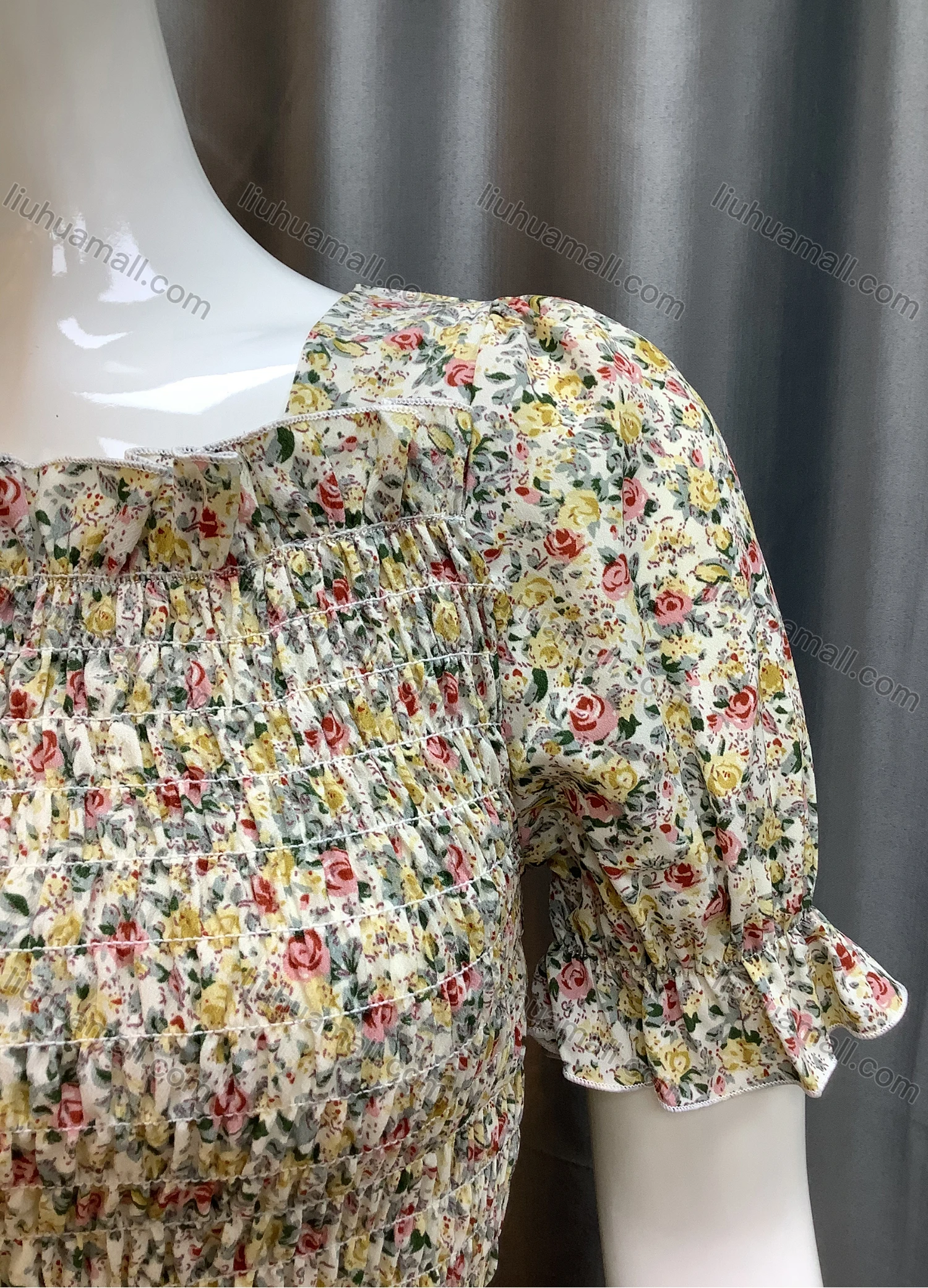 Wholesale Women's Shirred Square Neck Ruffle Trim Ditsy Floral Short Sleeve Blouse A21340-1# - Liuhuamall