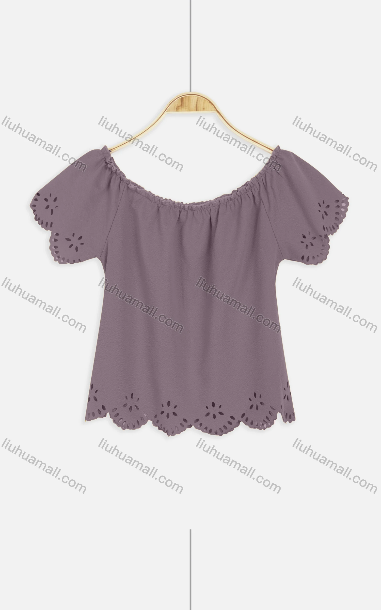 Wholesale Women's Casual Crew Neck Elastic Neckline Hollow Out Edge Crop Tops 2215# - Liuhuamall