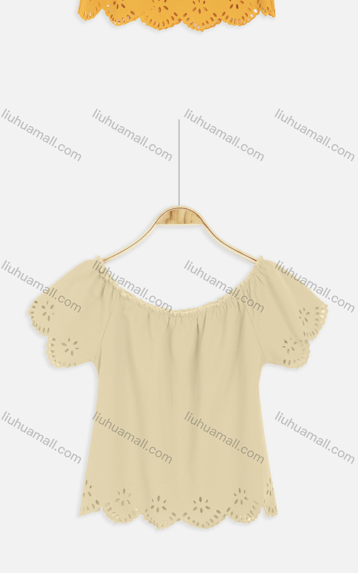 Wholesale Women's Casual Crew Neck Elastic Neckline Hollow Out Edge Crop Tops 2215# - Liuhuamall