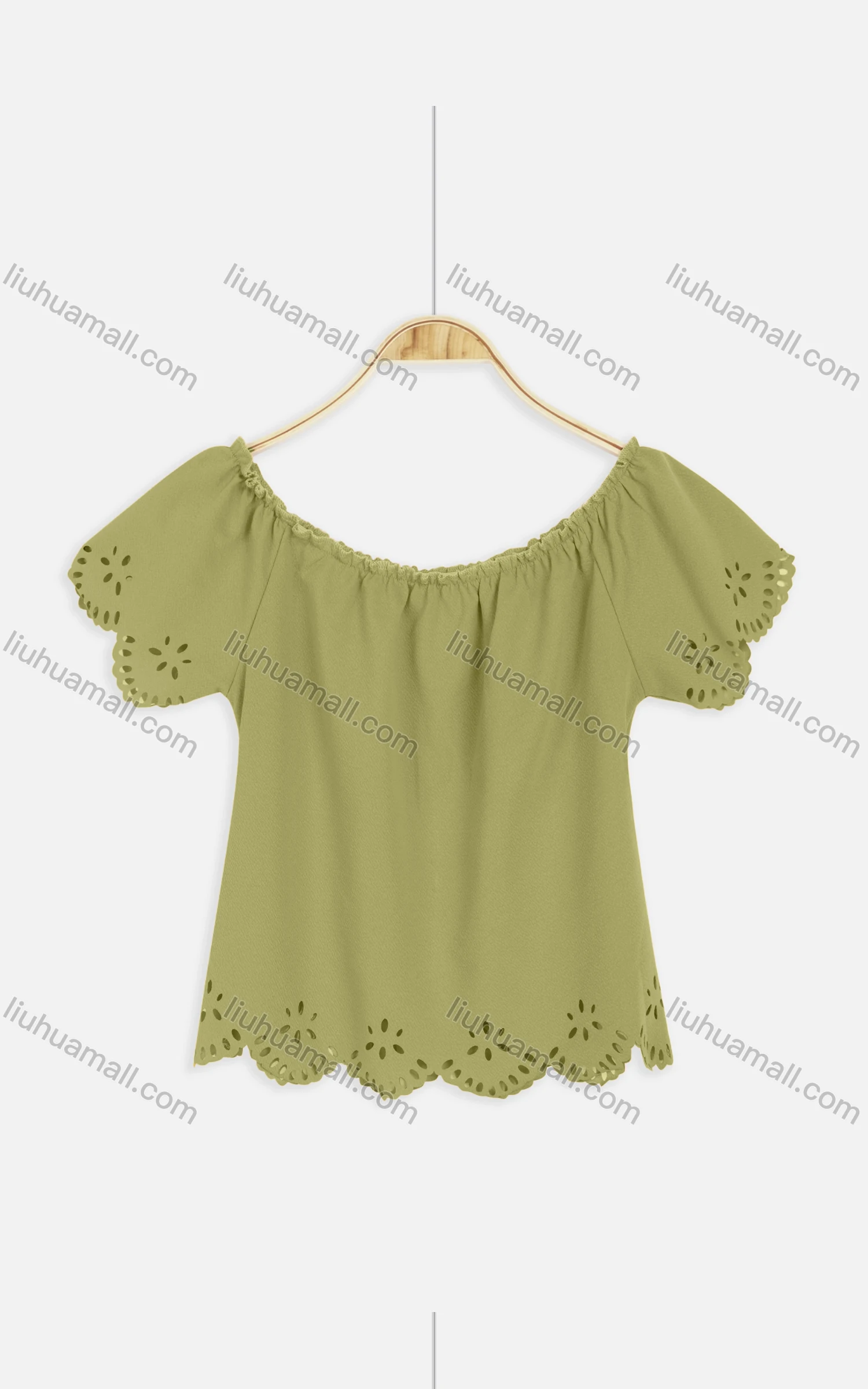 Wholesale Women's Casual Crew Neck Elastic Neckline Hollow Out Edge Crop Tops 2215# - Liuhuamall