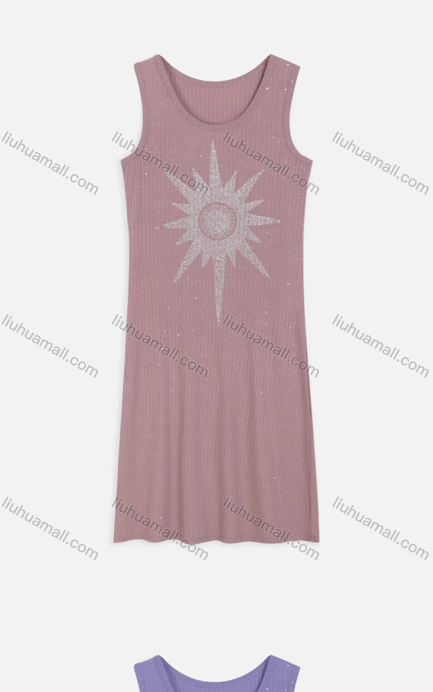 Wholesale Women's Casual Round Neck Rhinestone Sun Pattern Knit Midi Tank Dress 2217# - Liuhuamall