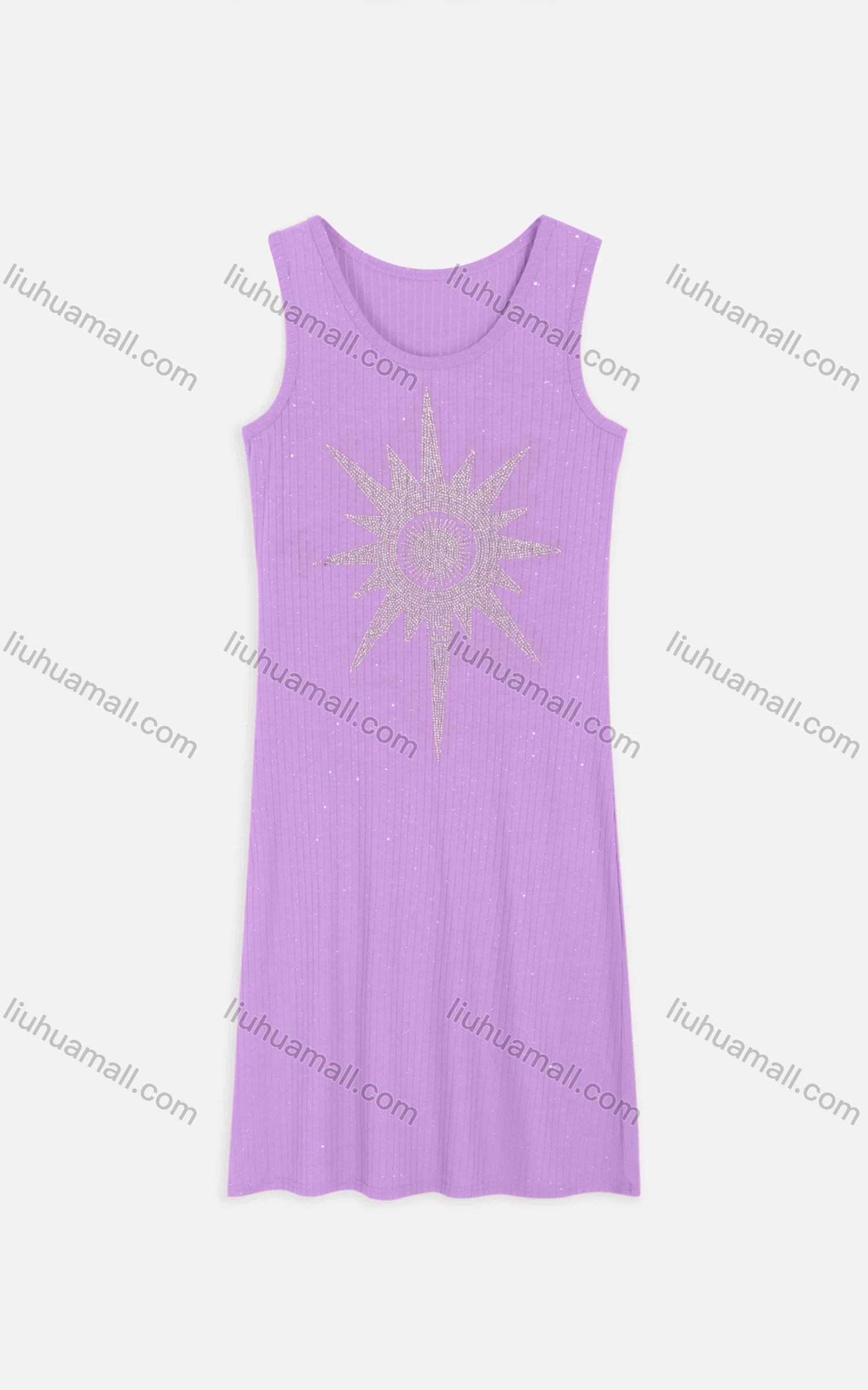Wholesale Women's Casual Round Neck Rhinestone Sun Pattern Knit Midi Tank Dress 2217# - Liuhuamall