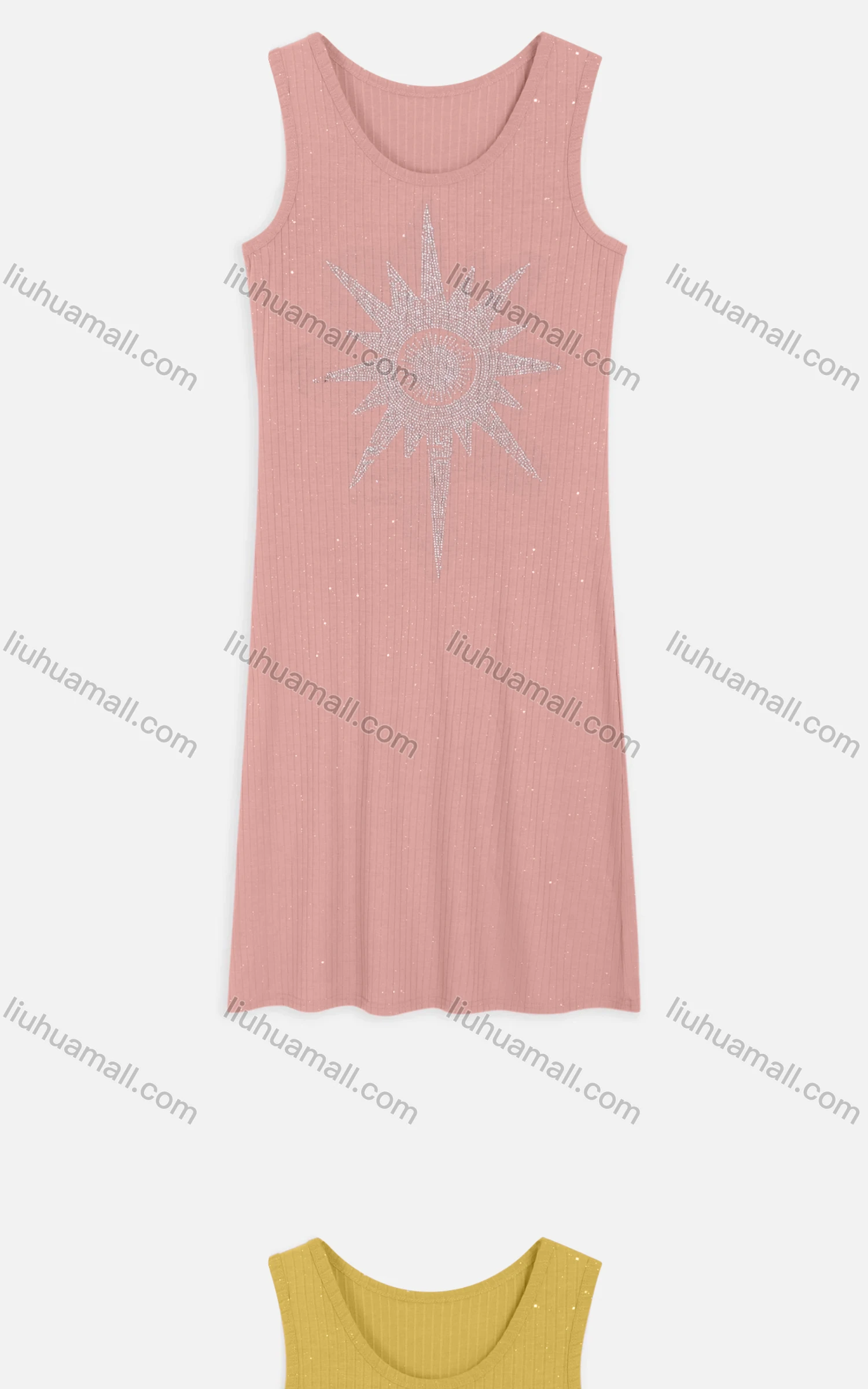 Wholesale Women's Casual Round Neck Rhinestone Sun Pattern Knit Midi Tank Dress 2217# - Liuhuamall
