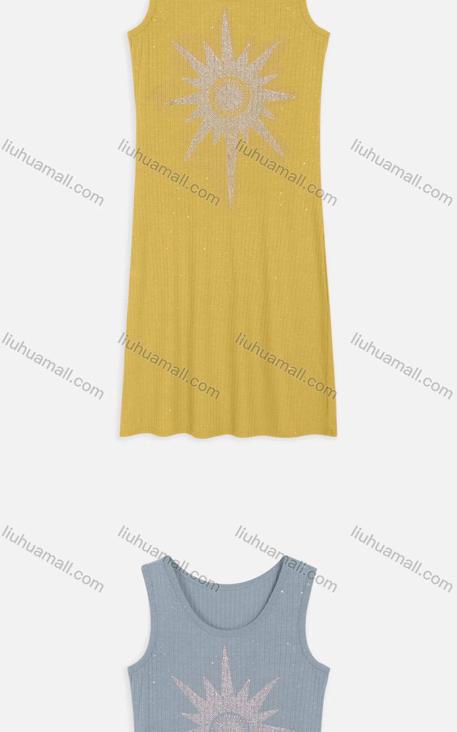 Wholesale Women's Casual Round Neck Rhinestone Sun Pattern Knit Midi Tank Dress 2217# - Liuhuamall