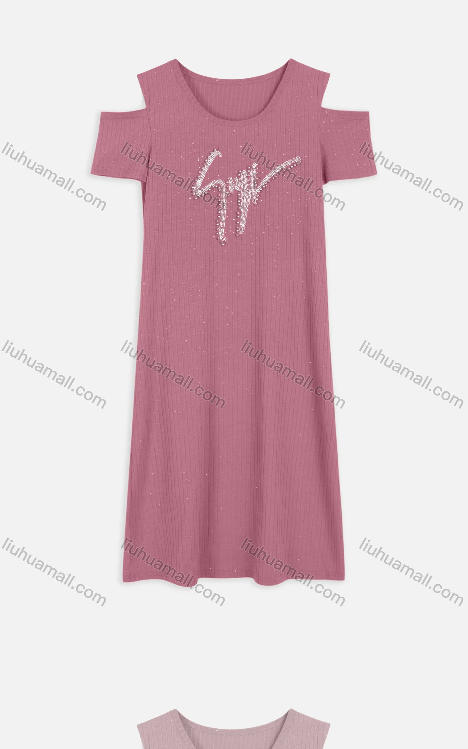 Wholesale Women's Casual Cold Shoulder Rhinestone Beaded Applique Knit Midi Dress 2219# - Liuhuamall