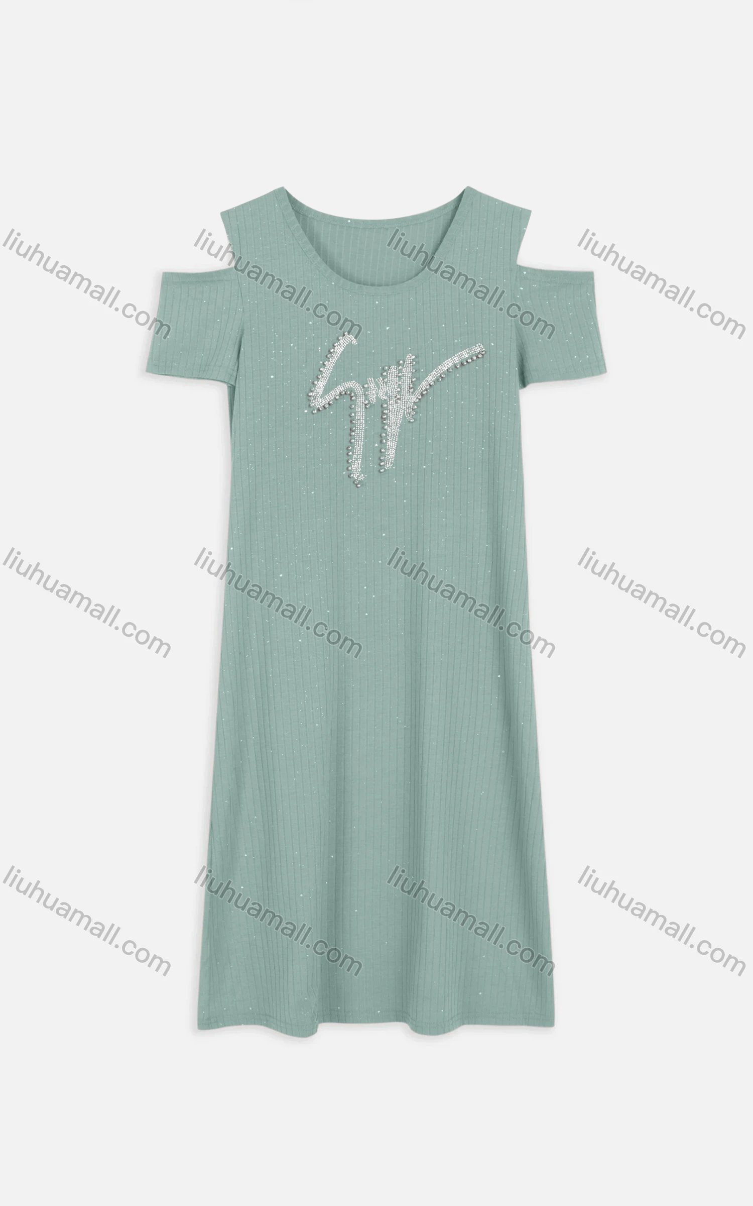 Wholesale Women's Casual Cold Shoulder Rhinestone Beaded Applique Knit Midi Dress 2219# - Liuhuamall