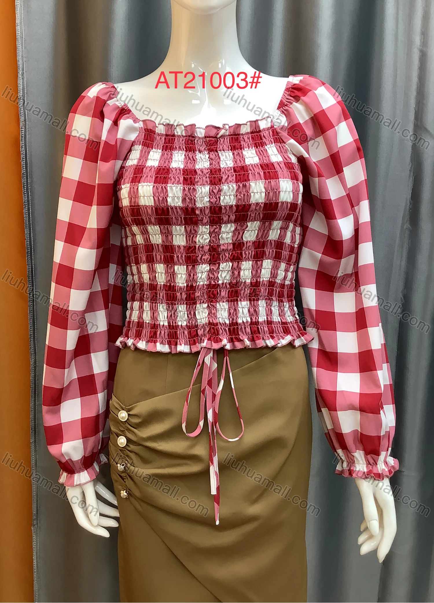 Wholesale Women's Shirred Square Neck Ruffle Trim Plaid Print Puff Sleeve Crop Blouse AT21003# - Liuhuamall