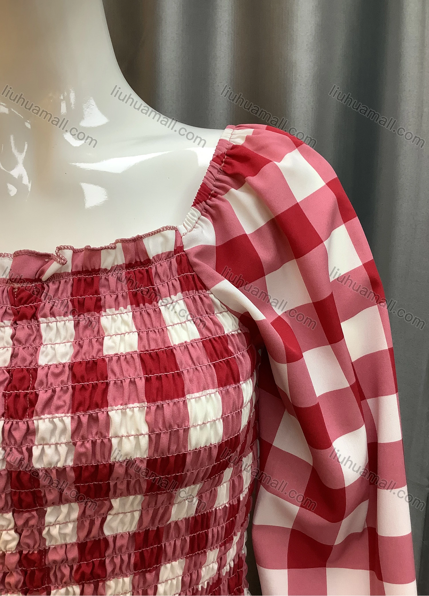Wholesale Women's Shirred Square Neck Ruffle Trim Plaid Print Puff Sleeve Crop Blouse AT21003# - Liuhuamall