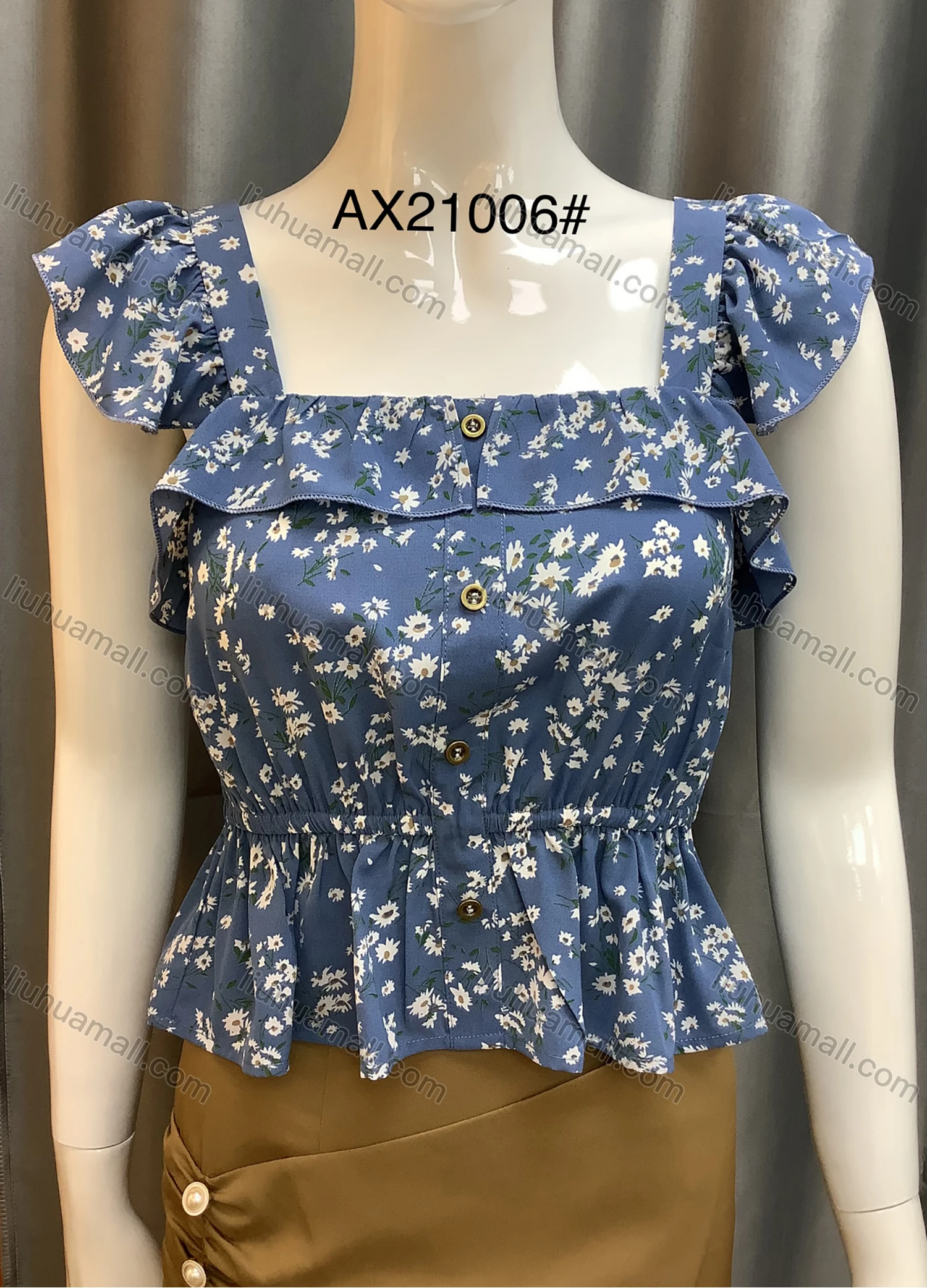 Wholesale Women's Square Neck Ruffle Trim Fake Button Floral Print Crop Blouse AX21006# - Liuhuamall