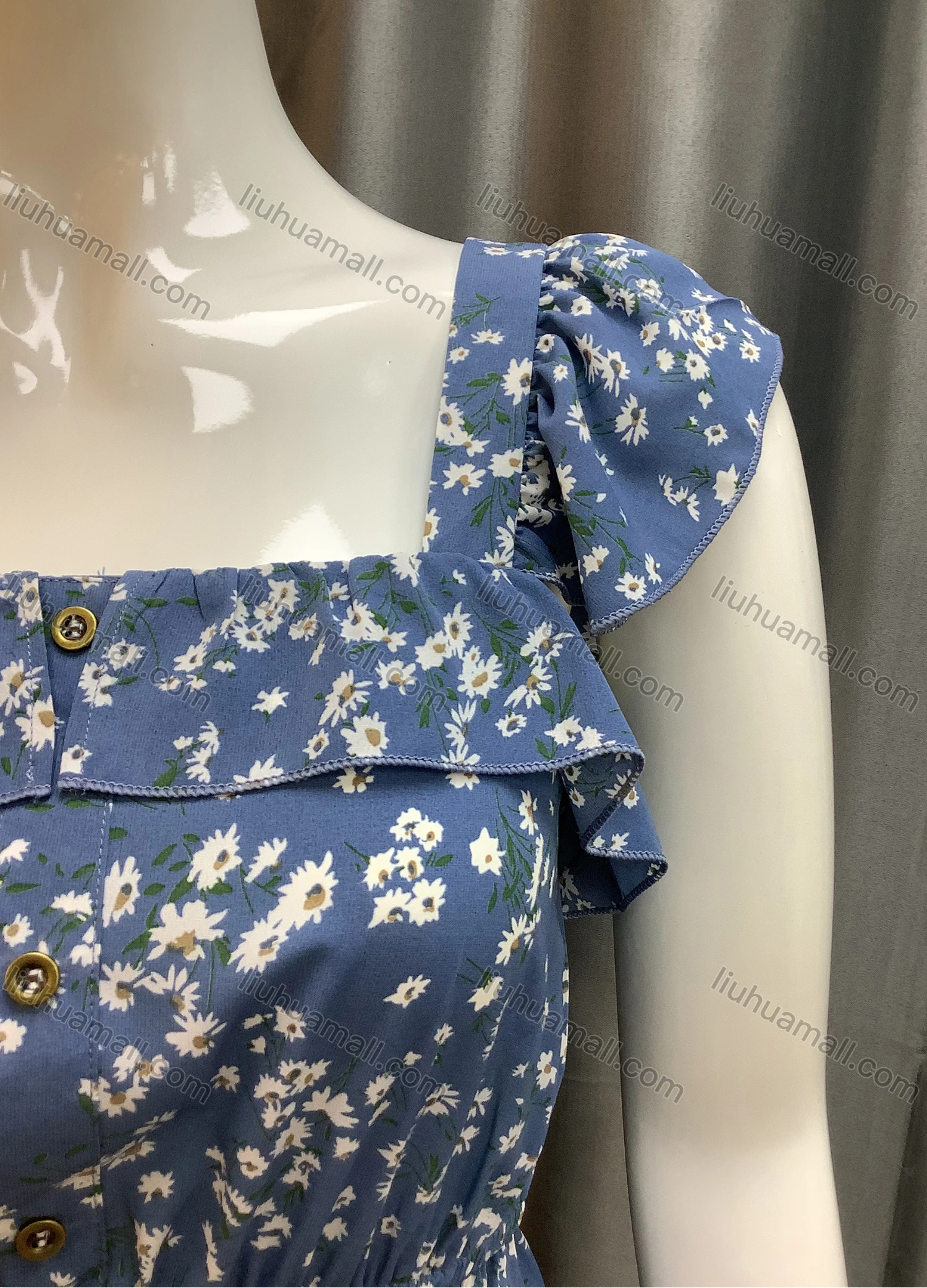 Wholesale Women's Square Neck Ruffle Trim Fake Button Floral Print Crop Blouse AX21006# - Liuhuamall