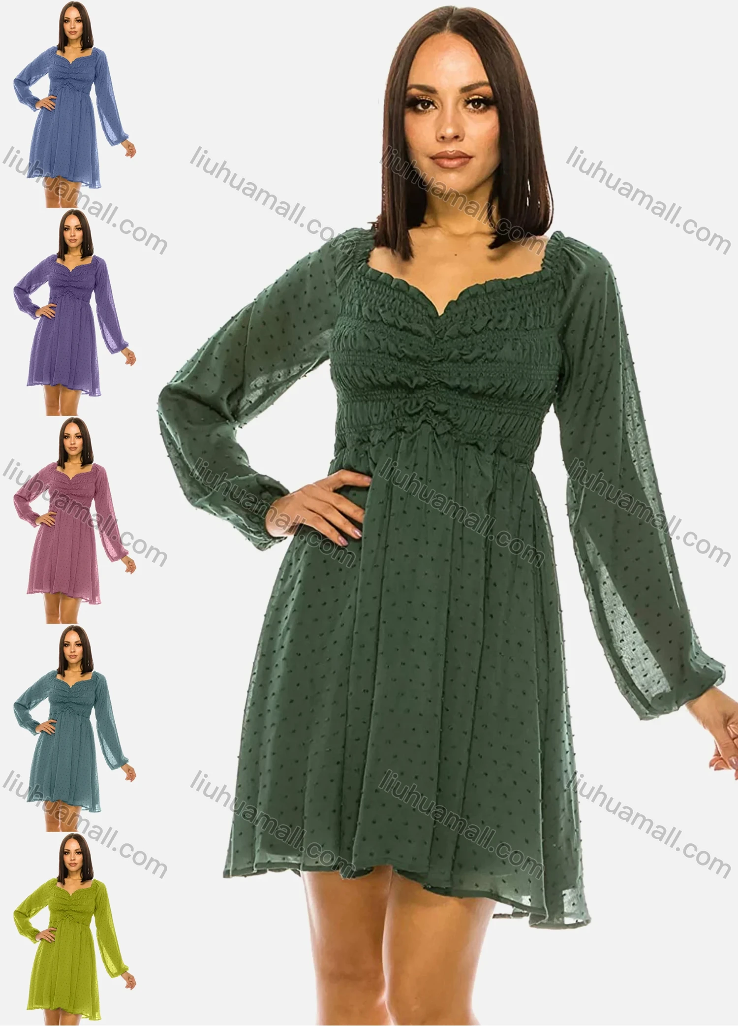 Wholesale Women's Off Shoulder Ruffle Trim Ruched Swiss Dot Long Sleeve Layered Short Dress AL21029# - Liuhuamall