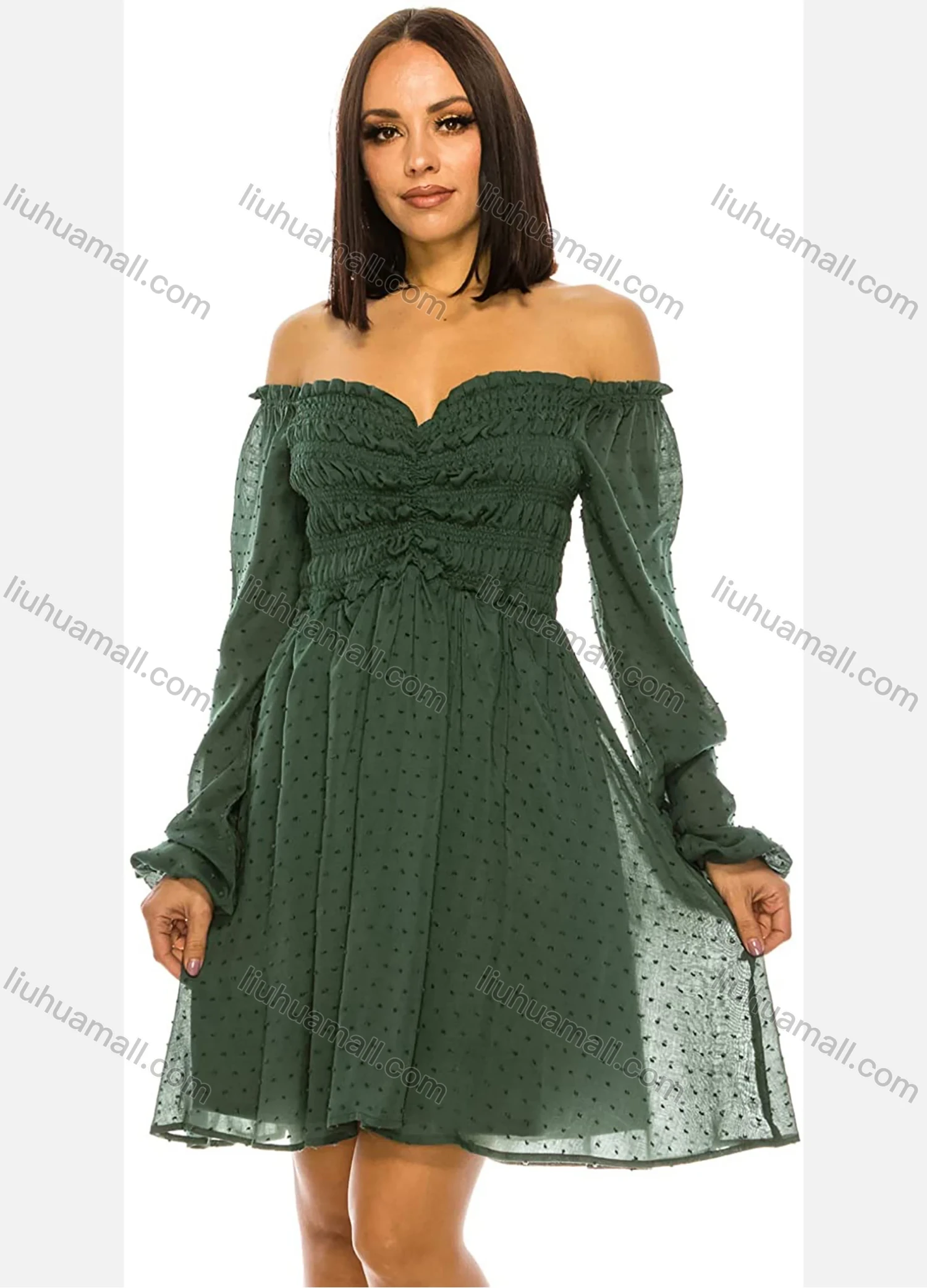 Wholesale Women's Off Shoulder Ruffle Trim Ruched Swiss Dot Long Sleeve Layered Short Dress AL21029# - Liuhuamall