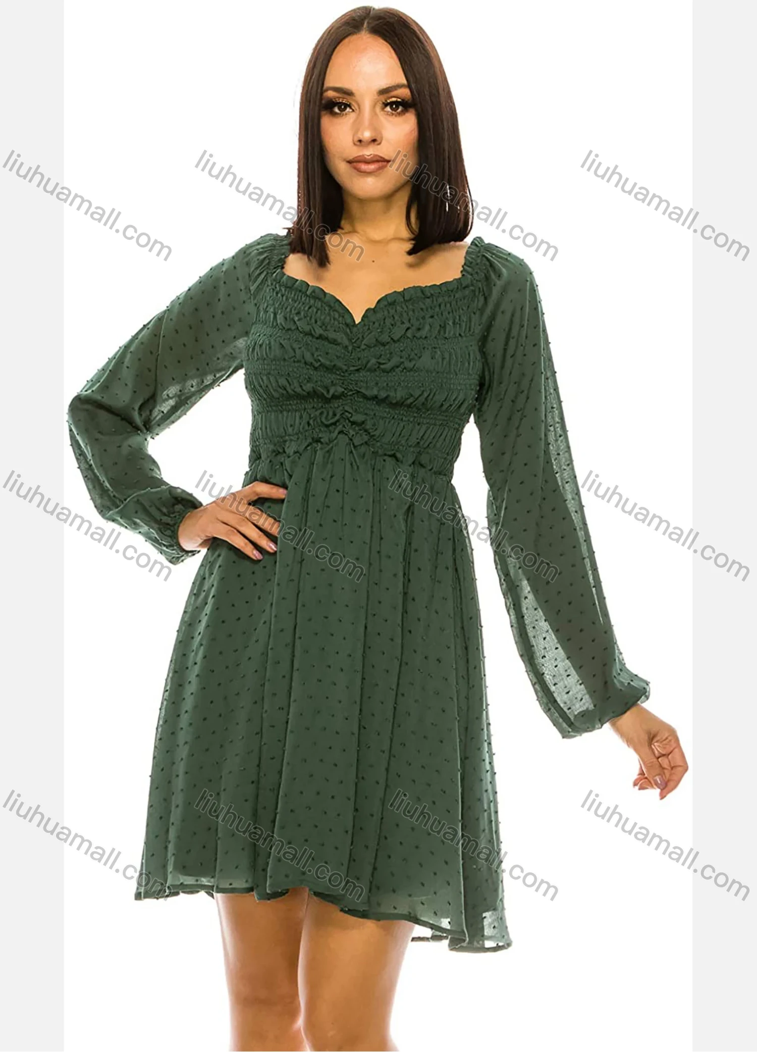 Wholesale Women's Off Shoulder Ruffle Trim Ruched Swiss Dot Long Sleeve Layered Short Dress AL21029# - Liuhuamall