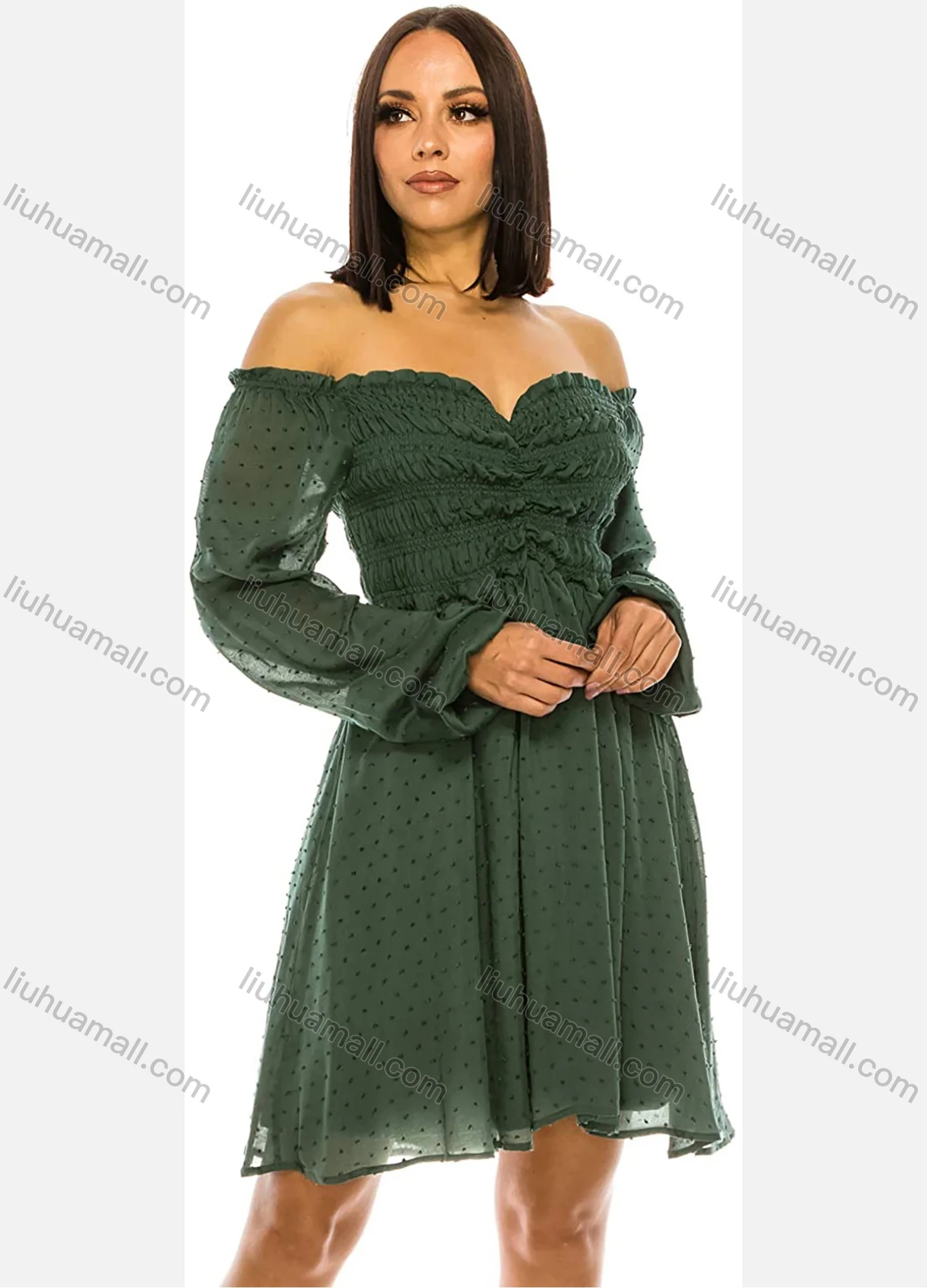 Wholesale Women's Off Shoulder Ruffle Trim Ruched Swiss Dot Long Sleeve Layered Short Dress AL21029# - Liuhuamall