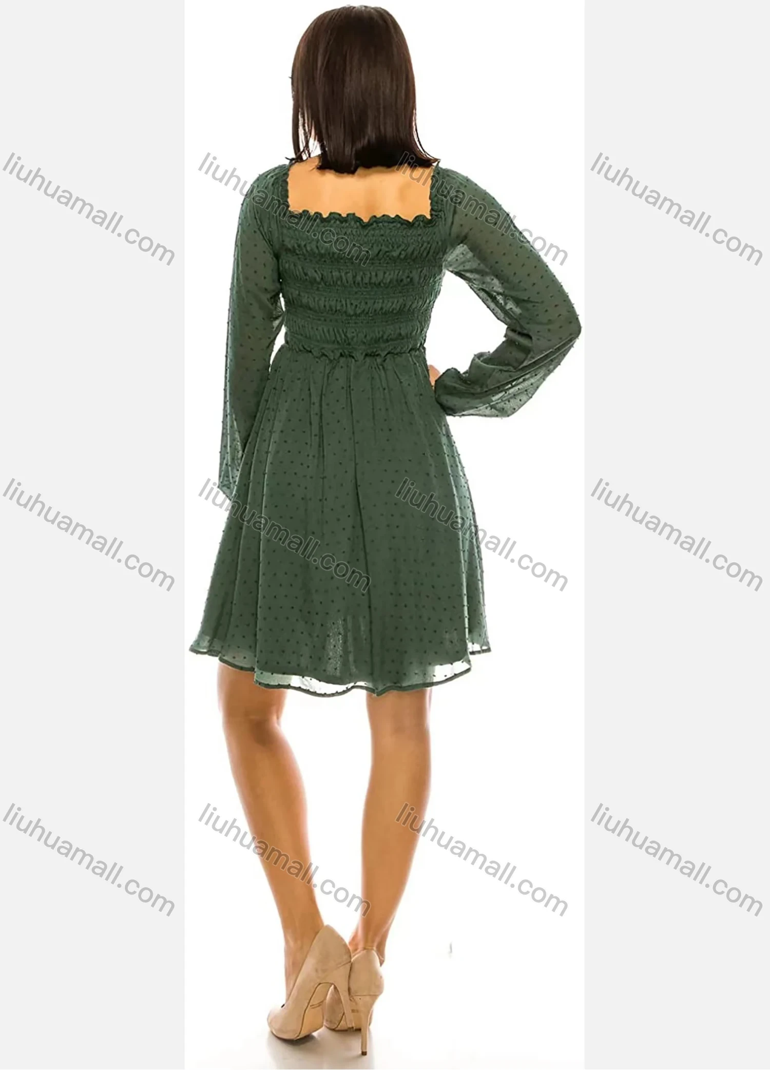 Wholesale Women's Off Shoulder Ruffle Trim Ruched Swiss Dot Long Sleeve Layered Short Dress AL21029# - Liuhuamall