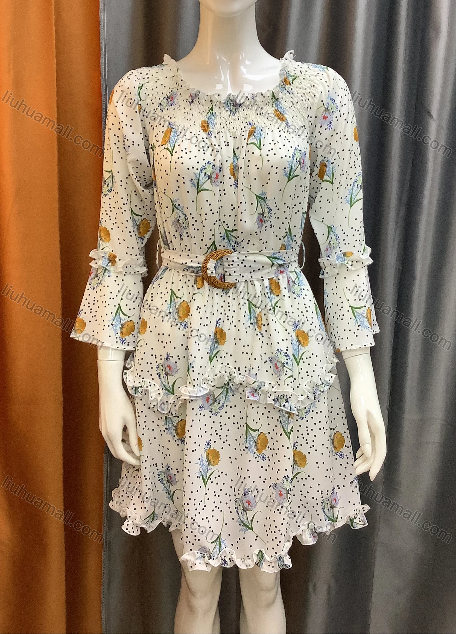 Wholesale Women's Ruffle Trim Dot Floral Print Belted 3/4 Sleeve Short Dress With Belt AL21038-1# - Liuhuamall