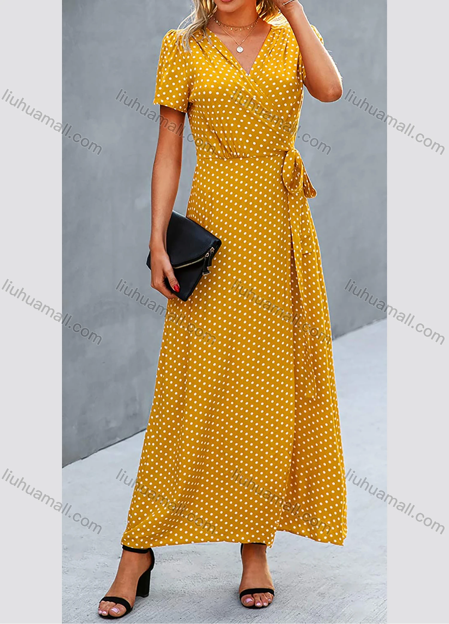 Wholesale Women's Wrap V Neck Polka Dot Lace Up Side Slit Maxi Dress AY06# - Liuhuamall