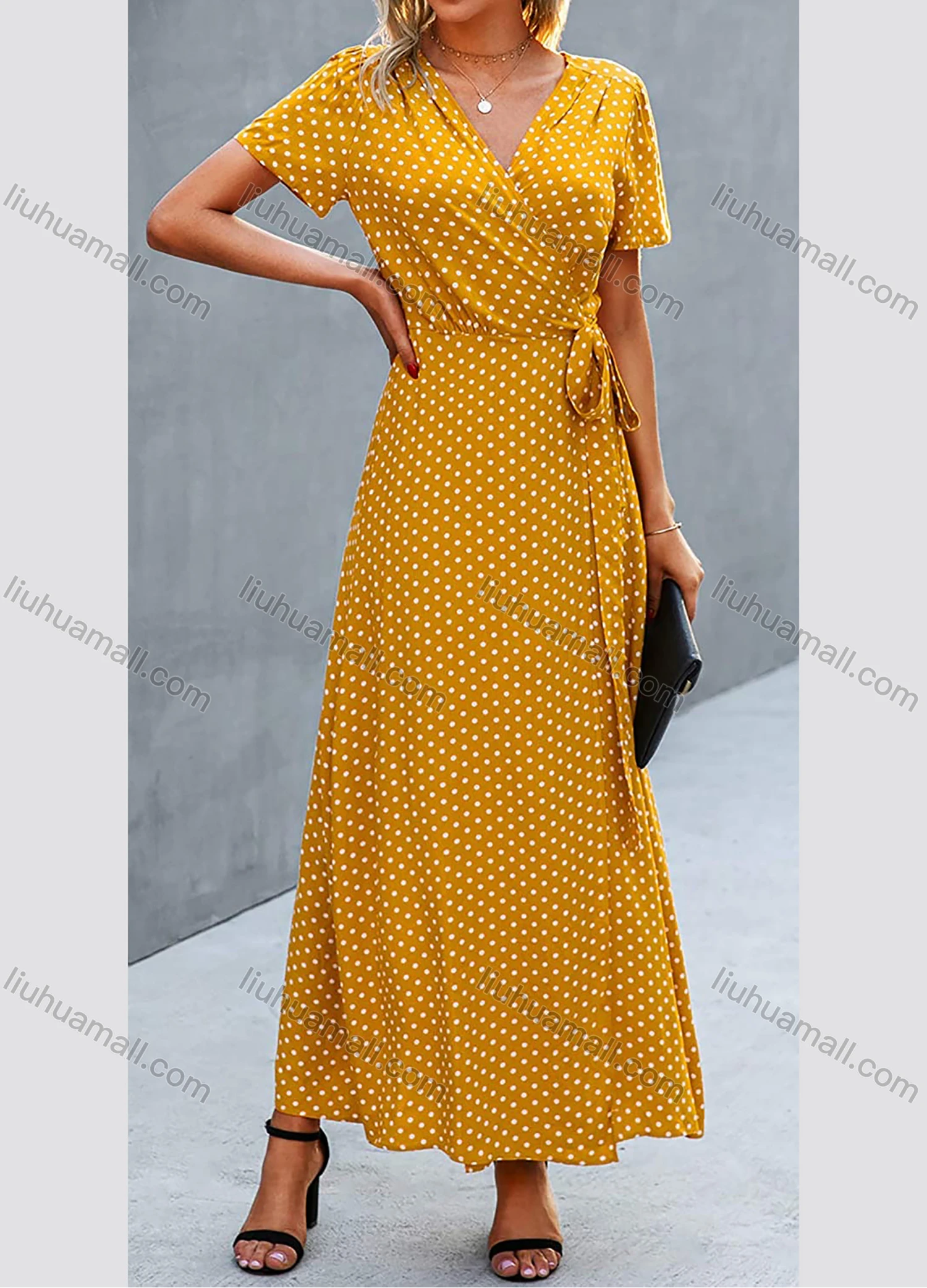 Wholesale Women's Wrap V Neck Polka Dot Lace Up Side Slit Maxi Dress AY06# - Liuhuamall