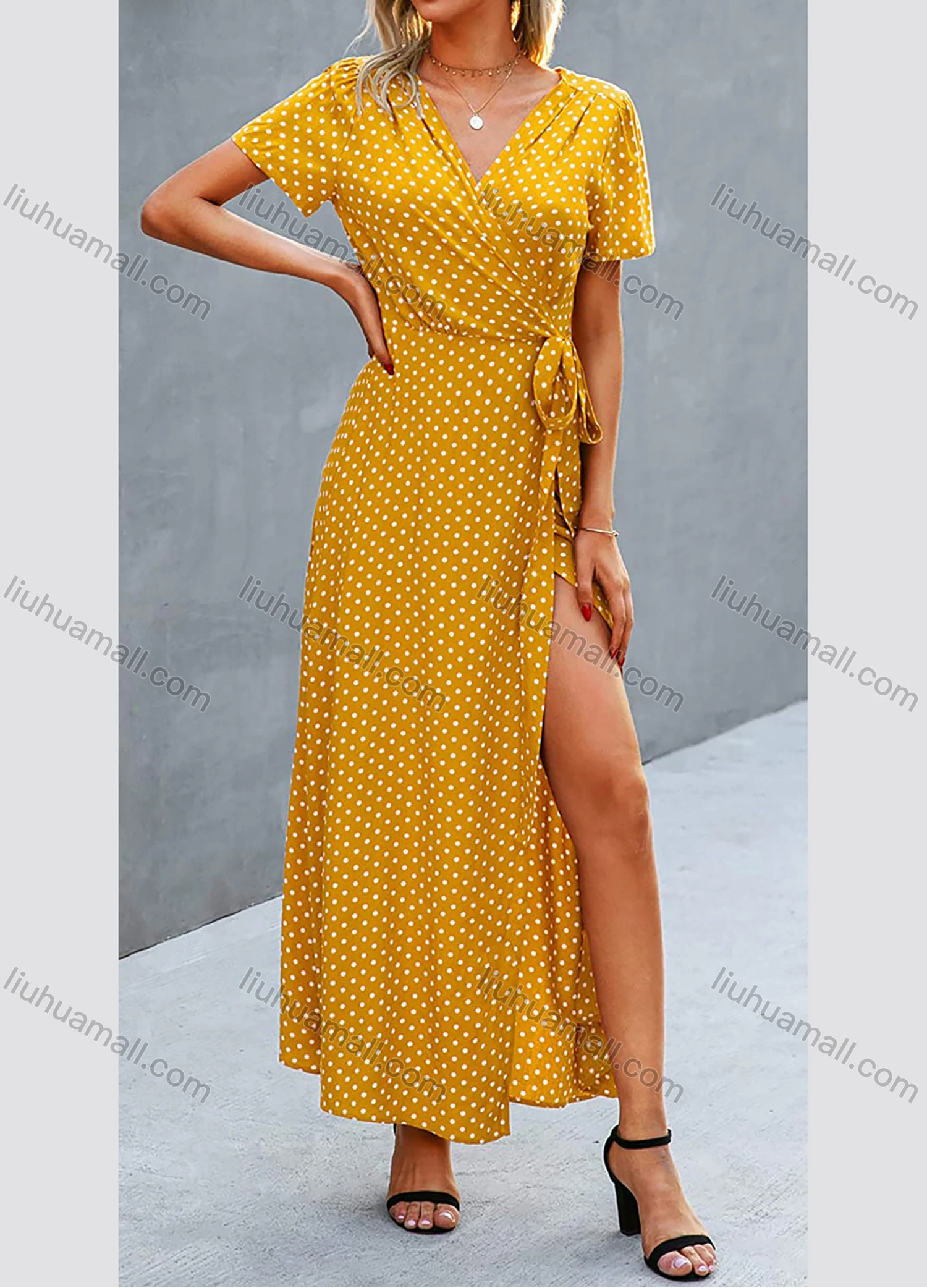 Wholesale Women's Wrap V Neck Polka Dot Lace Up Side Slit Maxi Dress AY06# - Liuhuamall
