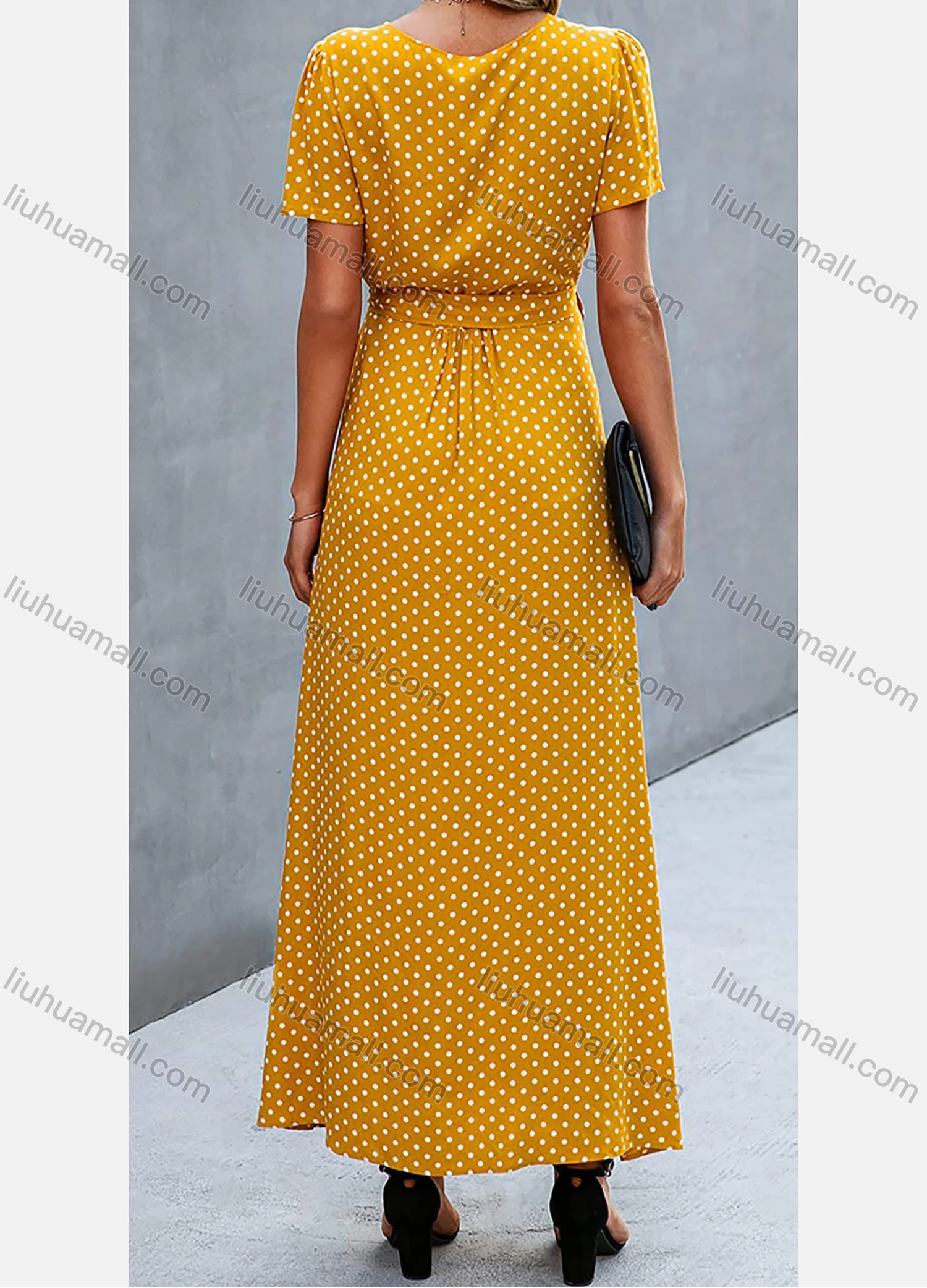 Wholesale Women's Wrap V Neck Polka Dot Lace Up Side Slit Maxi Dress AY06# - Liuhuamall