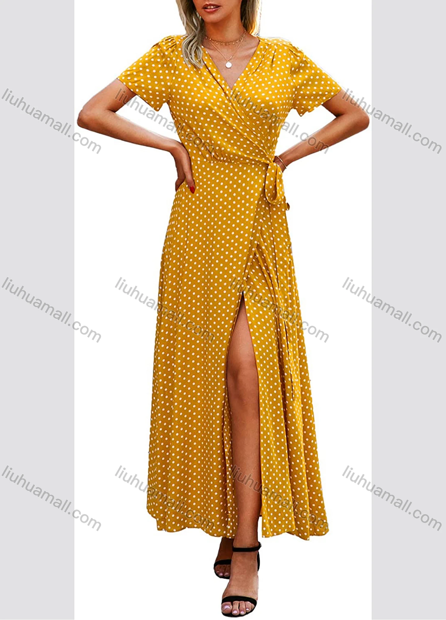 Wholesale Women's Wrap V Neck Polka Dot Lace Up Side Slit Maxi Dress AY06# - Liuhuamall