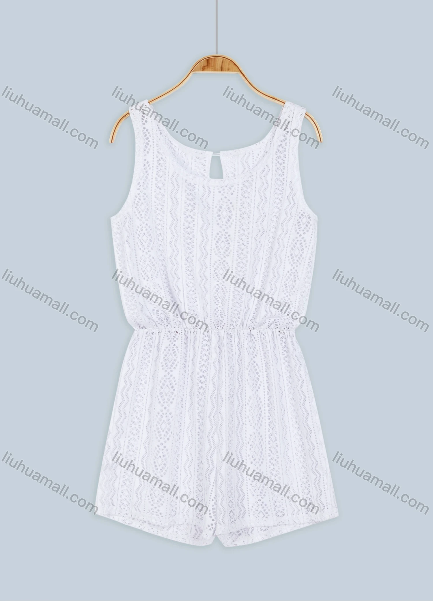 Wholesale Women's Vacation Sleeveless Embroidery Lace Hollow Out Keyhole Back Elastic Waist Romper 855414# - Liuhuamall