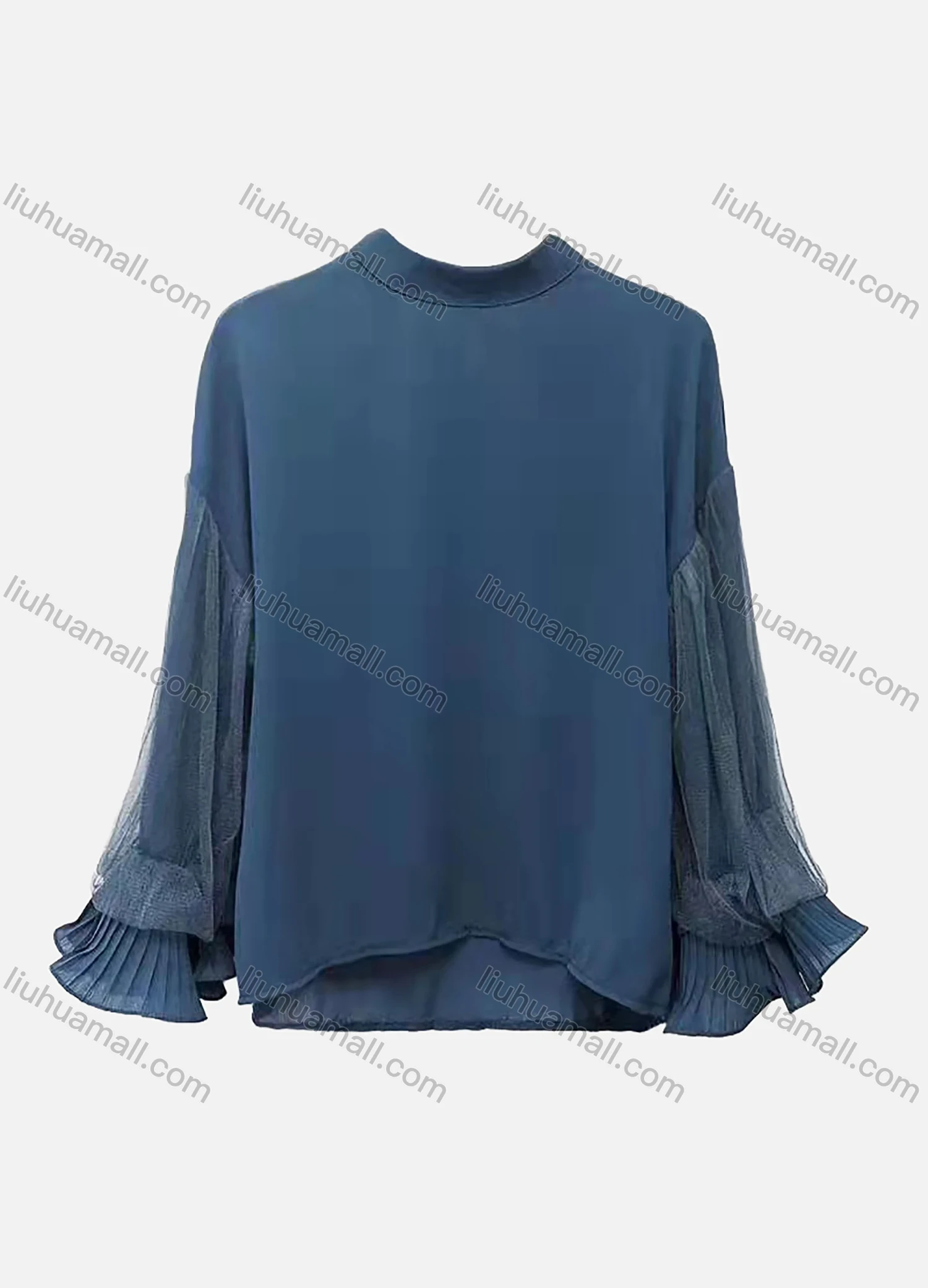 Wholesale Women's Casual Mock Neck Trumpet Sleeve Mesh Layered Plain Blouse - Liuhuamall