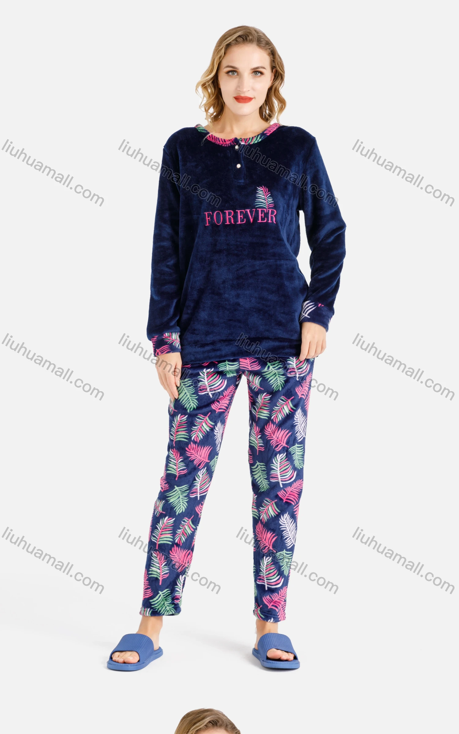 Wholesale Women's Soft Lounge Button Front Letter Plant Print Long Sleeve Top & Pants Two-Piece Pajamas Set - Liuhuamall