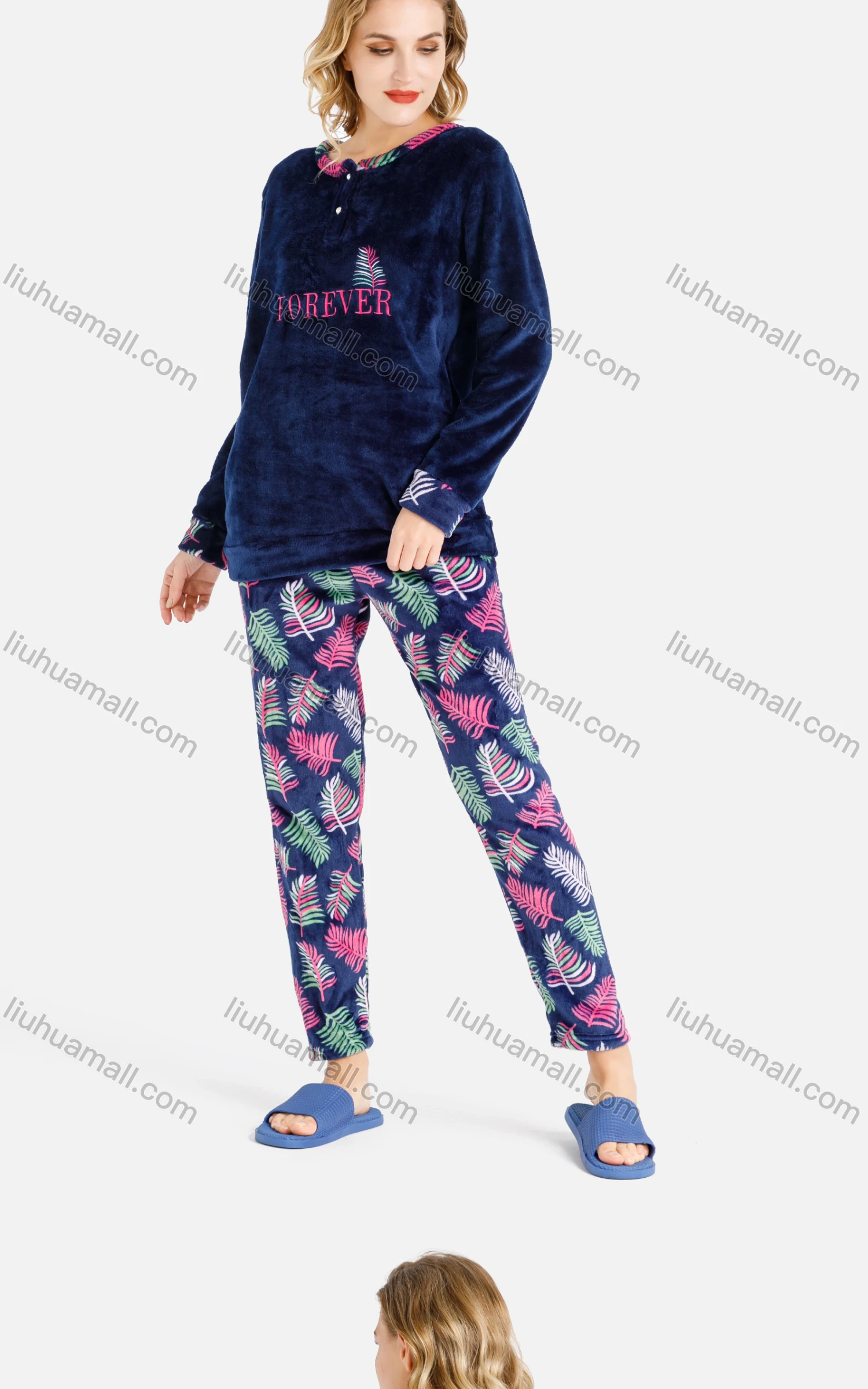 Wholesale Women's Soft Lounge Button Front Letter Plant Print Long Sleeve Top & Pants Two-Piece Pajamas Set - Liuhuamall