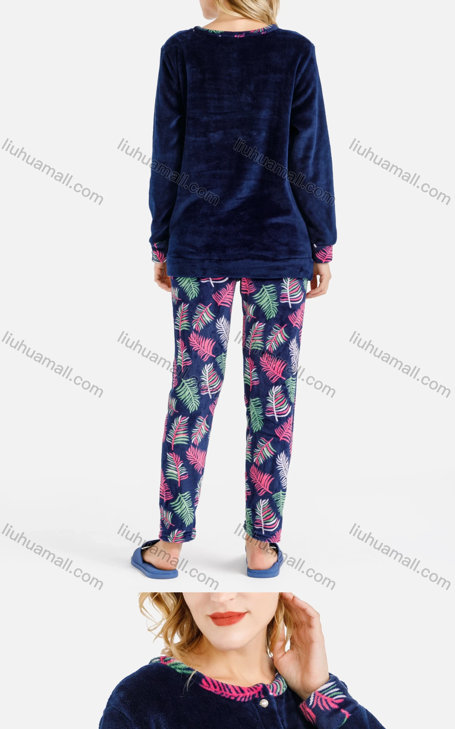 Wholesale Women's Soft Lounge Button Front Letter Plant Print Long Sleeve Top & Pants Two-Piece Pajamas Set - Liuhuamall