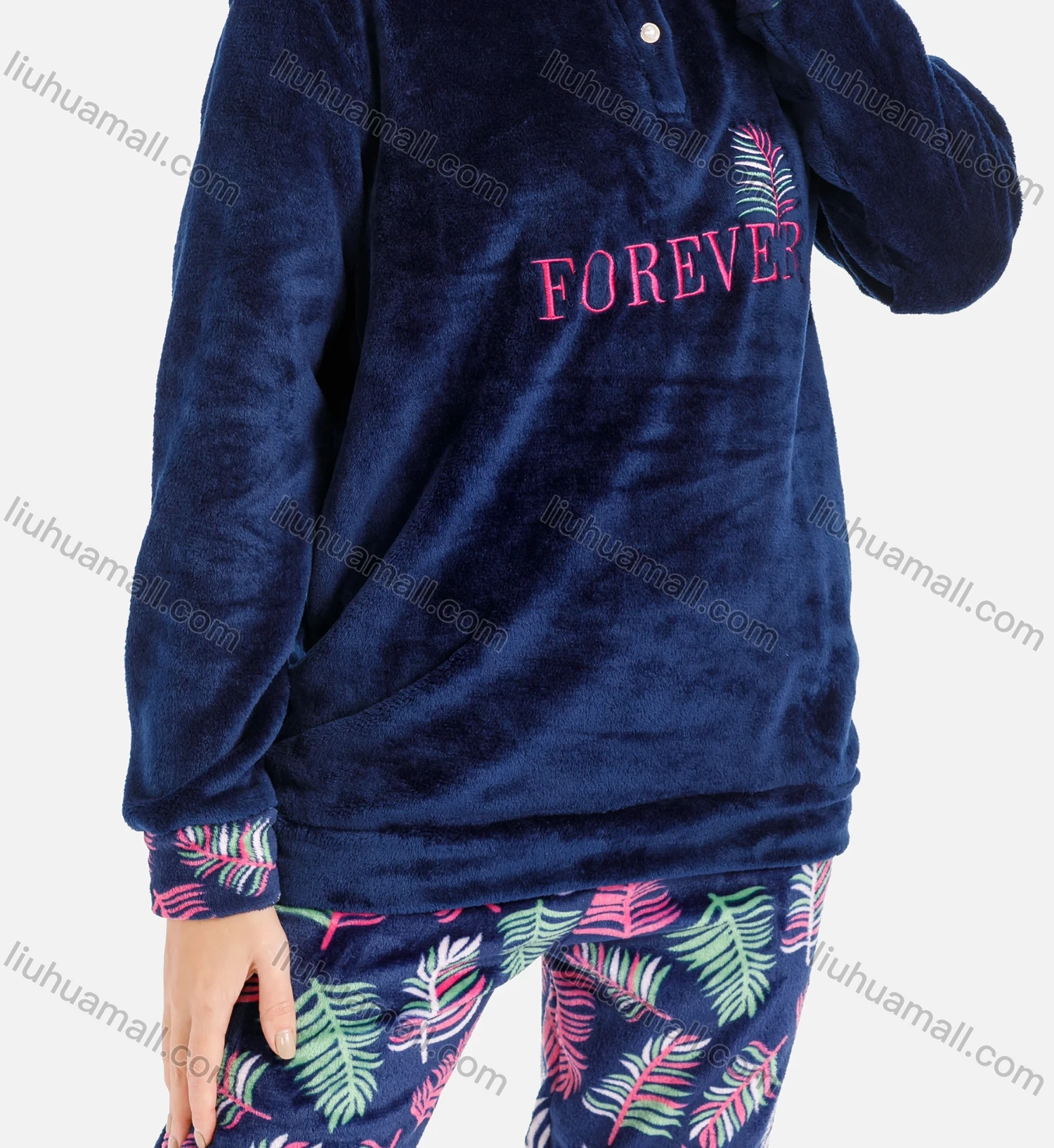 Wholesale Women's Soft Lounge Button Front Letter Plant Print Long Sleeve Top & Pants Two-Piece Pajamas Set - Liuhuamall