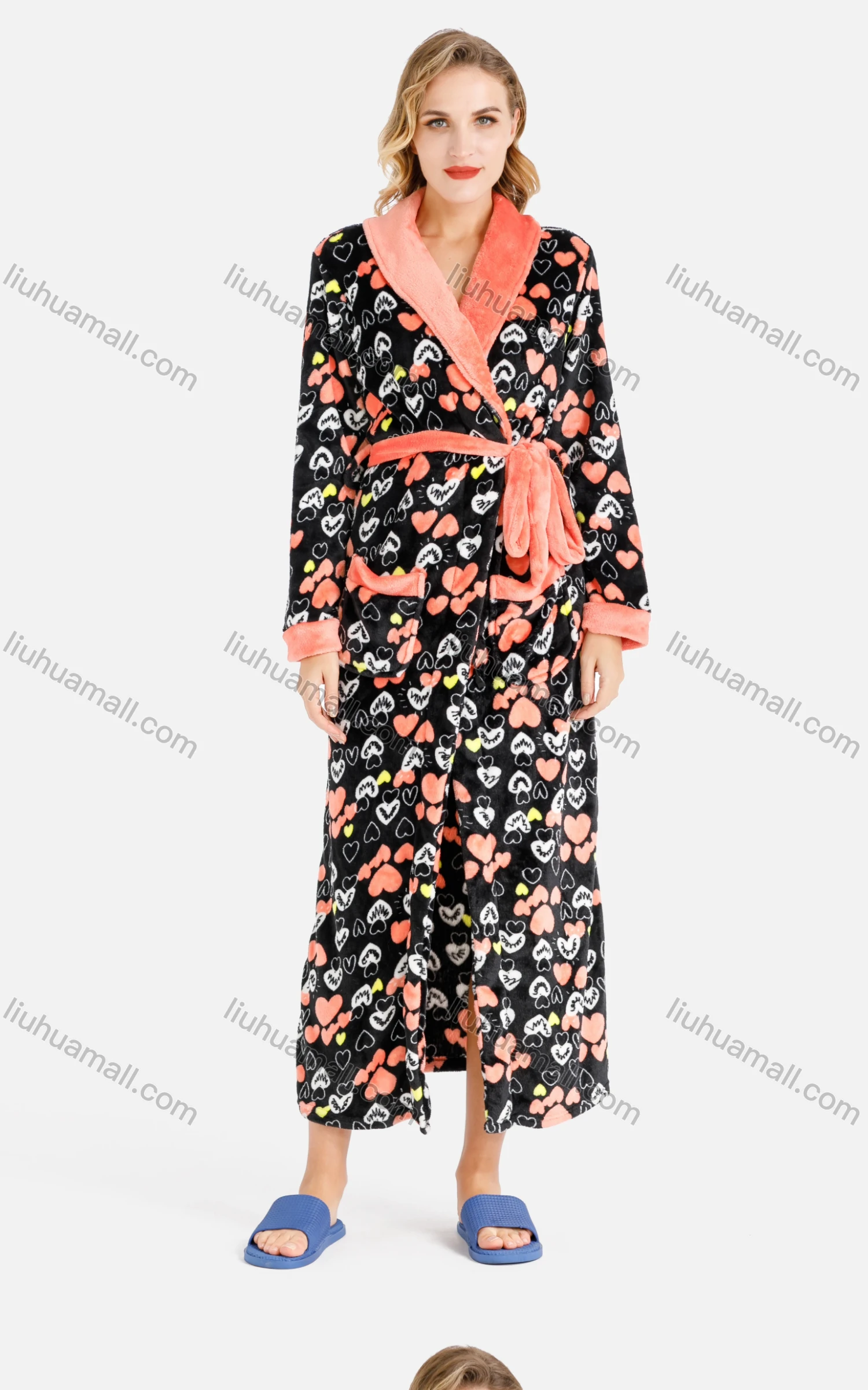 Wholesale Women's Lounge Heart Print Long Sleeve Patch Pocket Lapel Wrap Fuzzy Nightgown With Belt - Liuhuamall