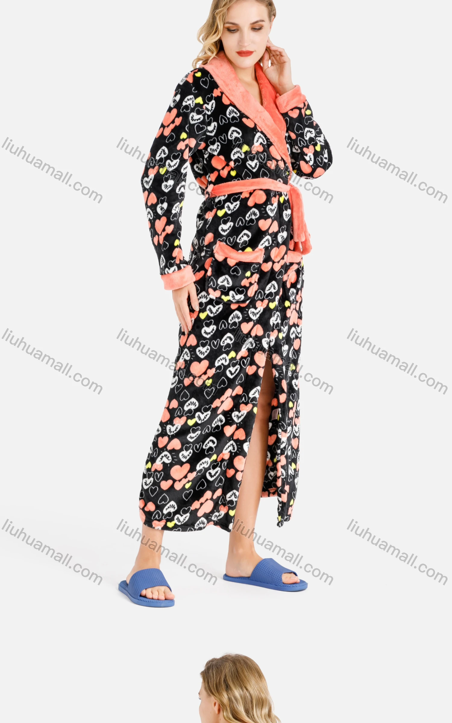 Wholesale Women's Lounge Heart Print Long Sleeve Patch Pocket Lapel Wrap Fuzzy Nightgown With Belt - Liuhuamall