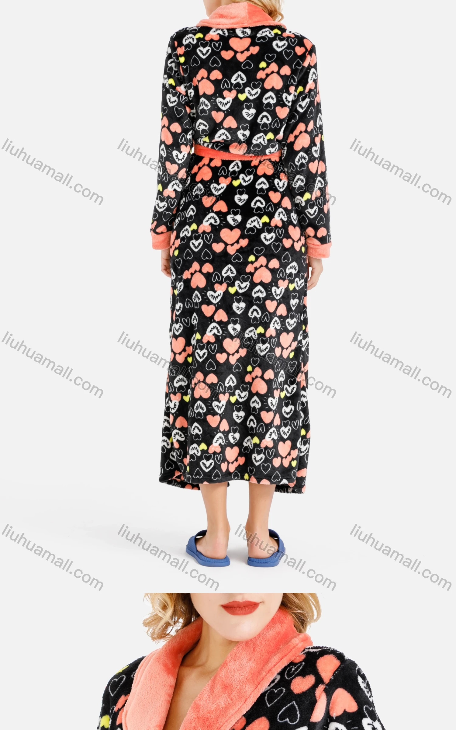 Wholesale Women's Lounge Heart Print Long Sleeve Patch Pocket Lapel Wrap Fuzzy Nightgown With Belt - Liuhuamall