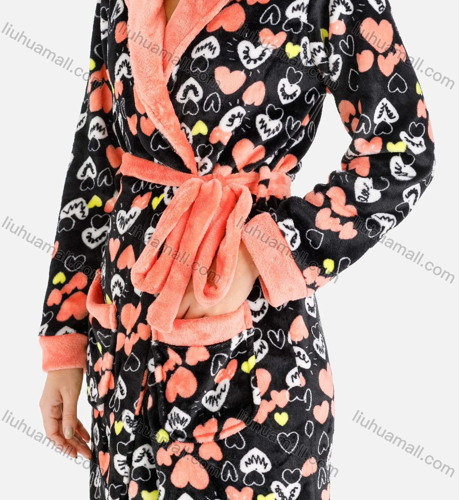 Wholesale Women's Lounge Heart Print Long Sleeve Patch Pocket Lapel Wrap Fuzzy Nightgown With Belt - Liuhuamall