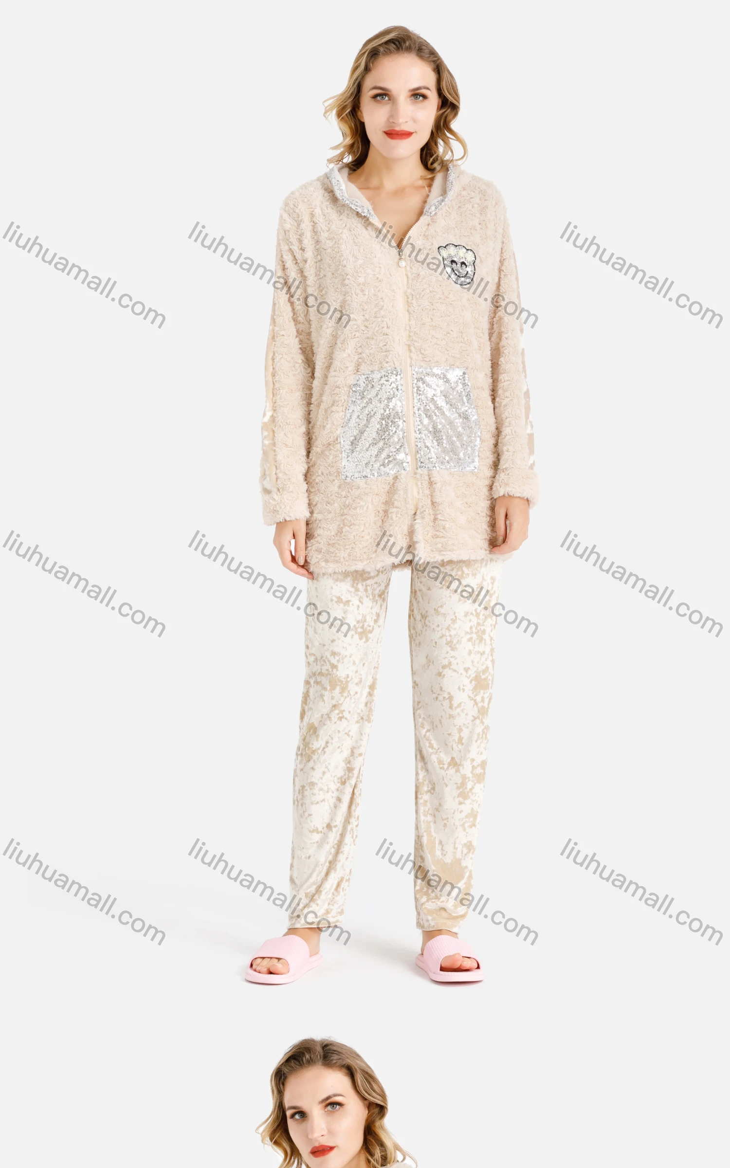 Wholesale Women's Abstract Smile Pearl Zipper Sequin Pockets Fuzzy Hooded Jacket & Pants 2 Piece Lounge Homewear Set - Liuhuamall
