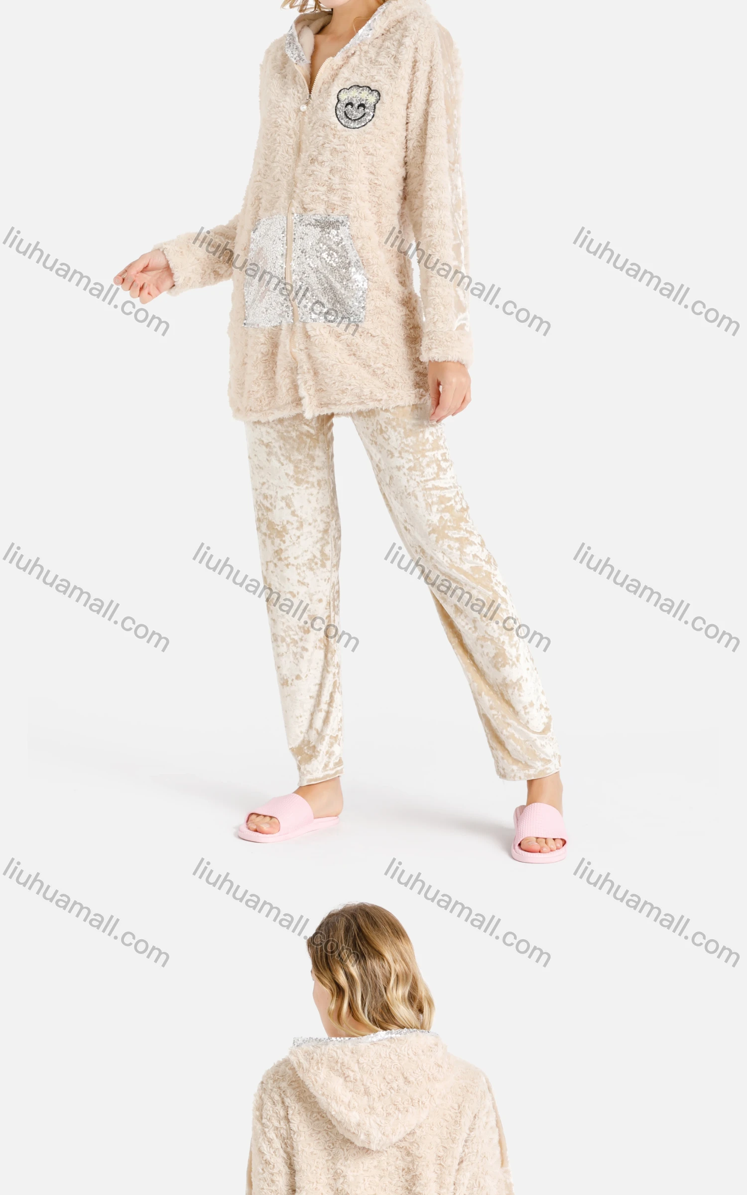 Wholesale Women's Abstract Smile Pearl Zipper Sequin Pockets Fuzzy Hooded Jacket & Pants 2 Piece Lounge Homewear Set - Liuhuamall