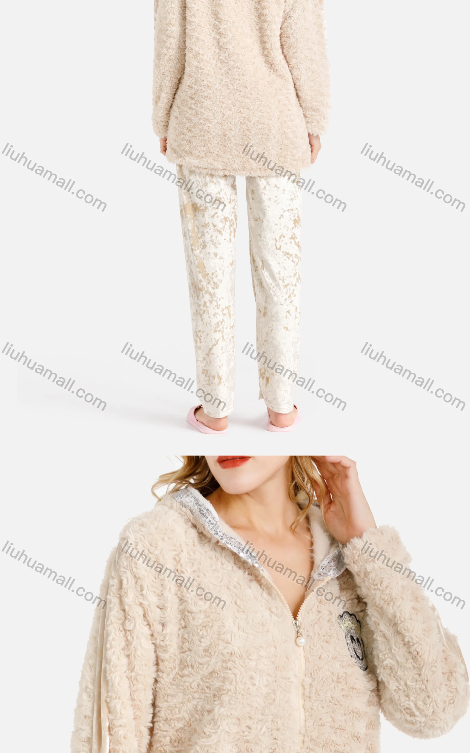 Wholesale Women's Abstract Smile Pearl Zipper Sequin Pockets Fuzzy Hooded Jacket & Pants 2 Piece Lounge Homewear Set - Liuhuamall