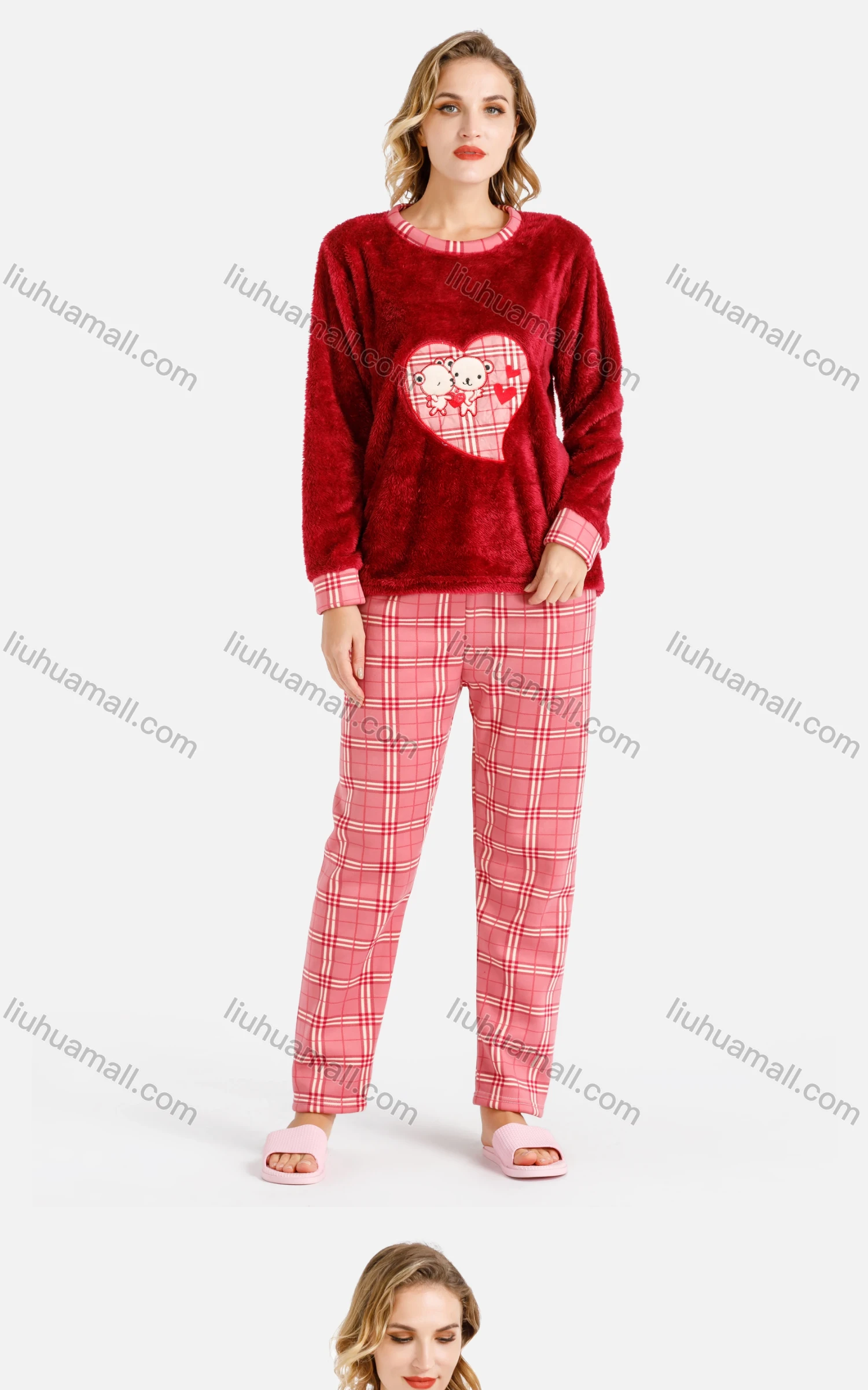 Wholesale Women's Lounge Embroidered Bears Heart Plaid Fuzzy Long Sleeve Tops & Pants 2 Piece Homewear Sets - Liuhuamall