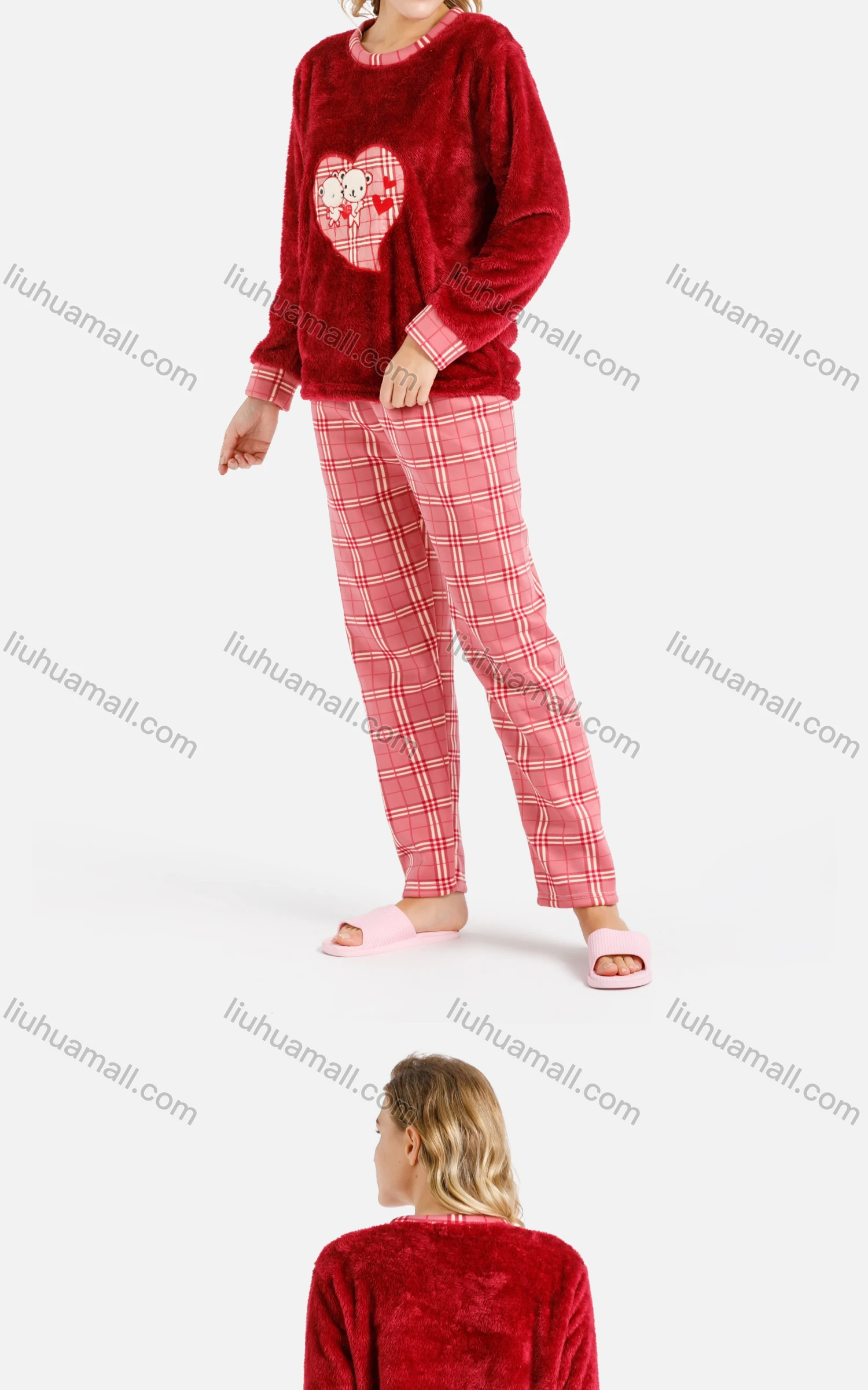 Wholesale Women's Lounge Embroidered Bears Heart Plaid Fuzzy Long Sleeve Tops & Pants 2 Piece Homewear Sets - Liuhuamall